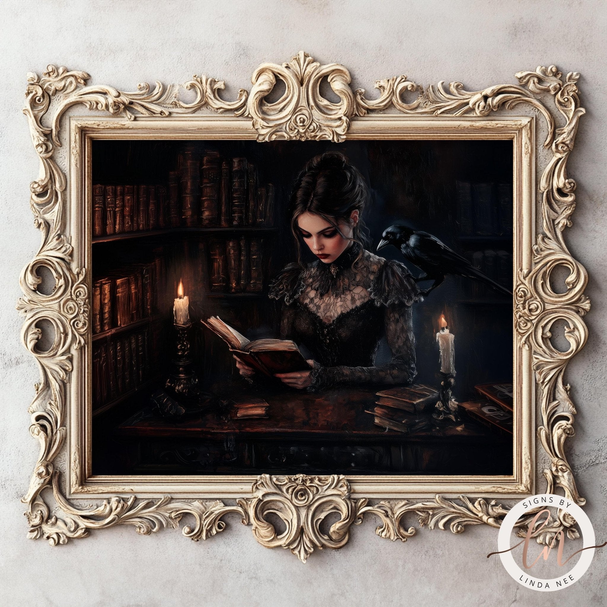 Candlelit Library Woman Reading Print