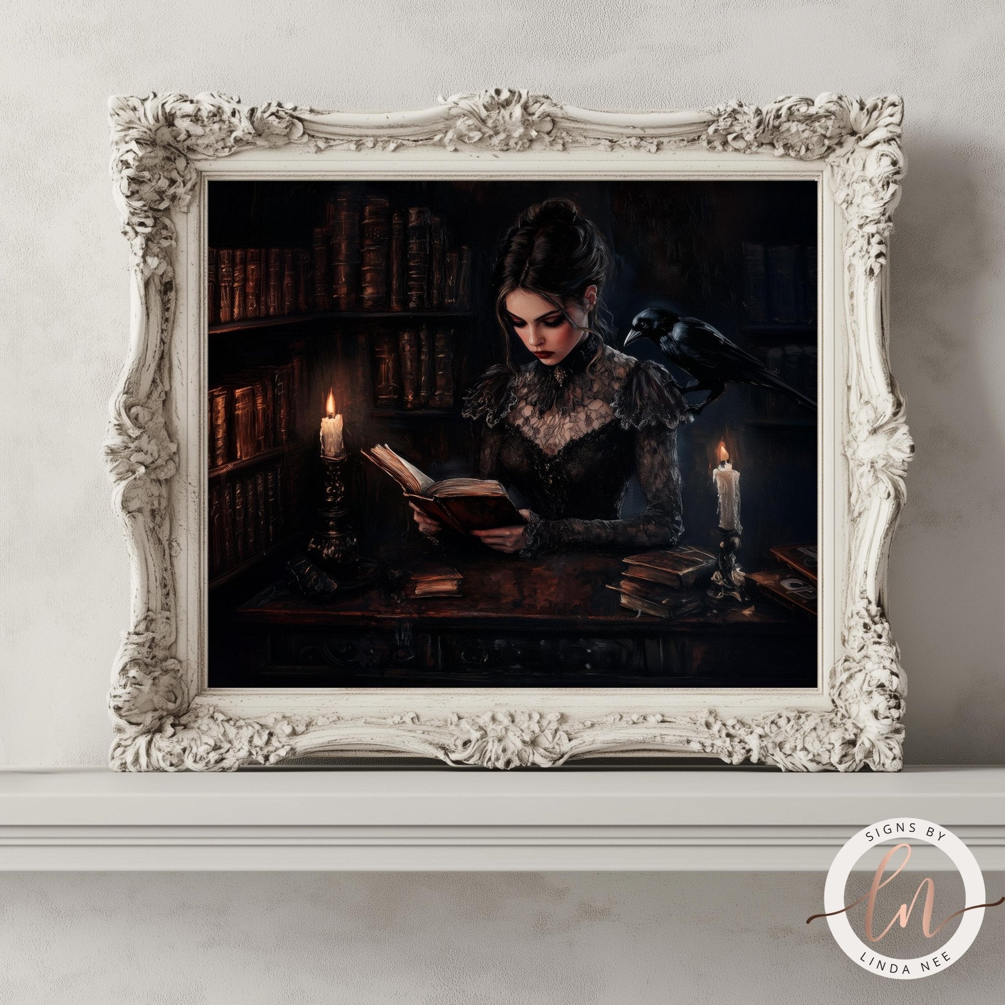 Candlelit Library Woman Reading Print