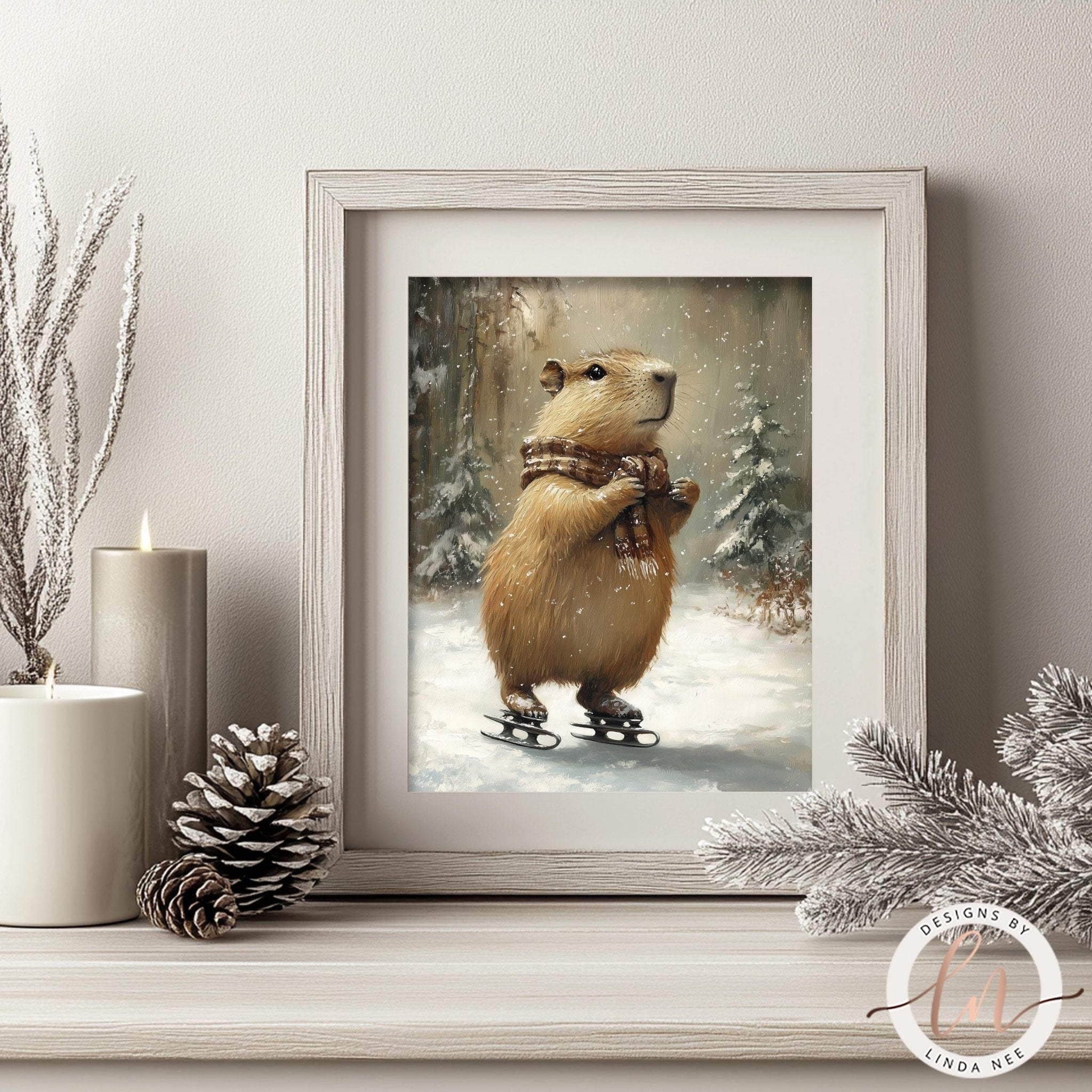 Capybara Ice Skating Winter Art - Metal & Fine Art Print