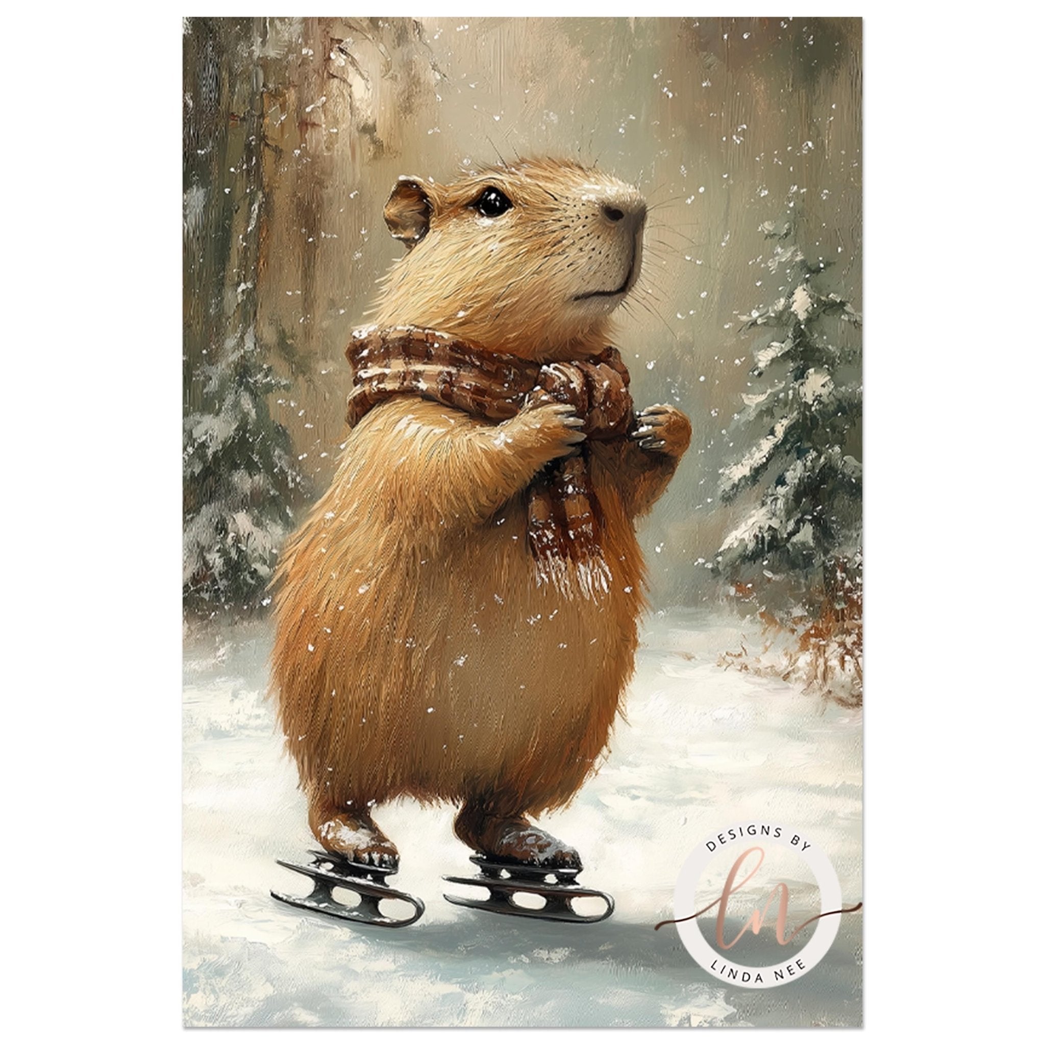 Capybara Ice Skating Winter Art - Metal & Fine Art Print