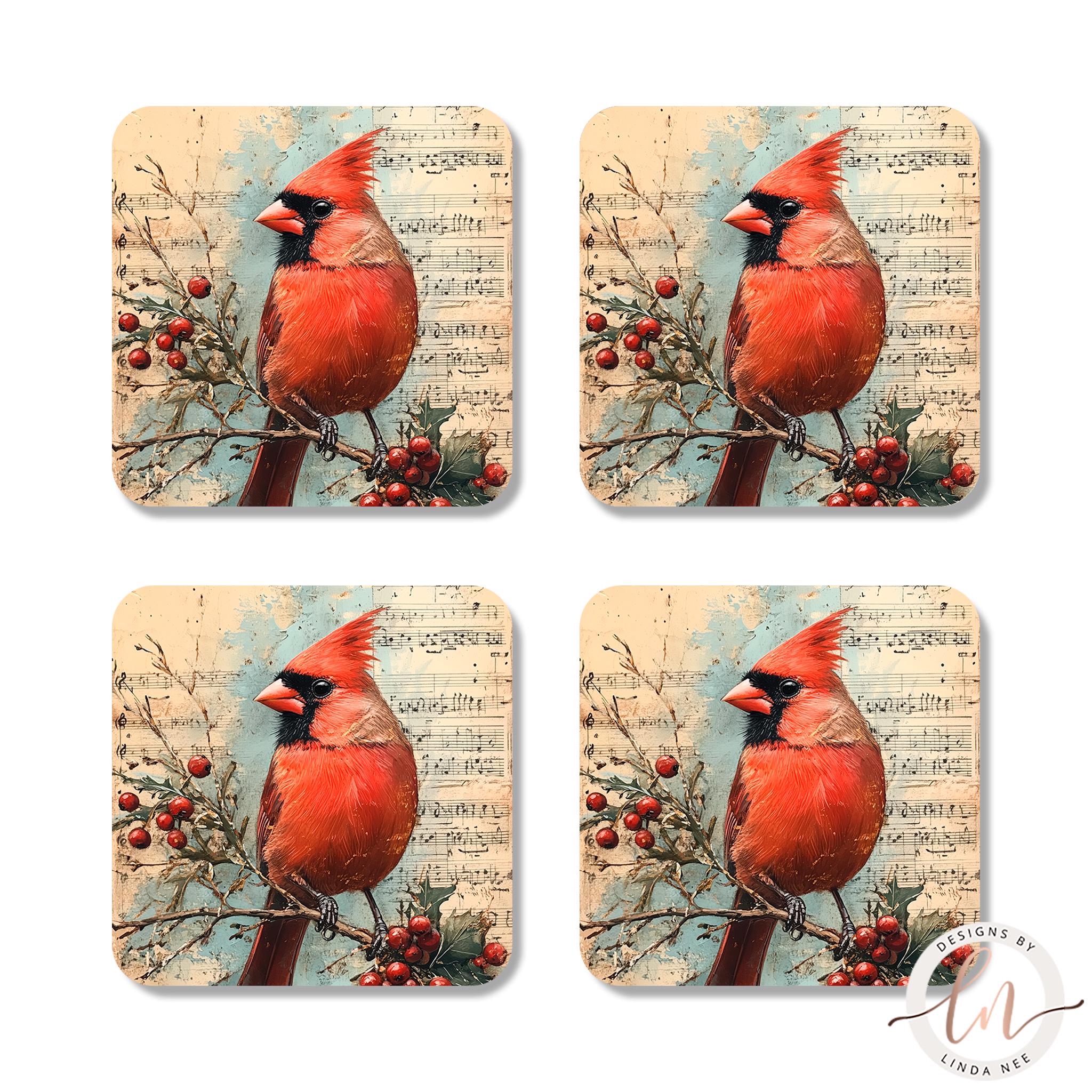 Cardinal Bird Coasters Set - Vintage Sheet Christmas ArtDesigns by Linda Nee