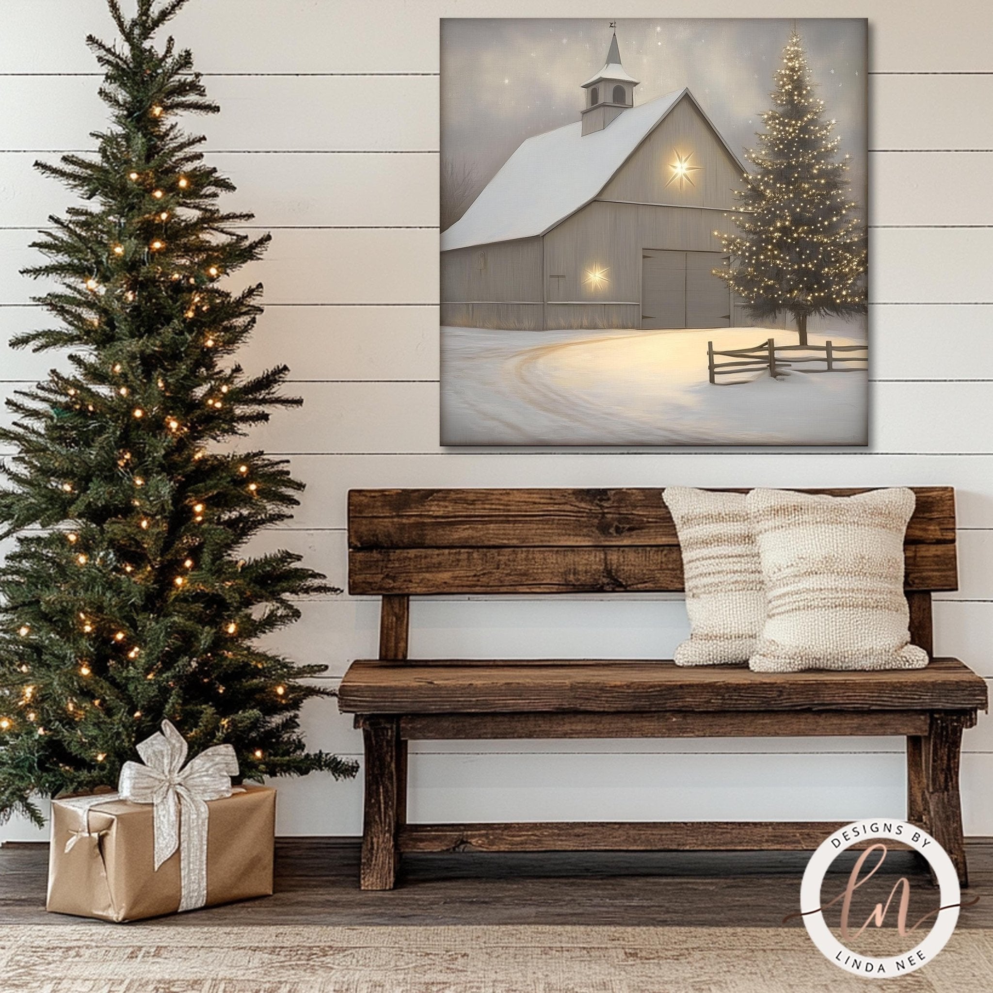 Christmas Night Farm Winter Art - Metal & Fine Art Print