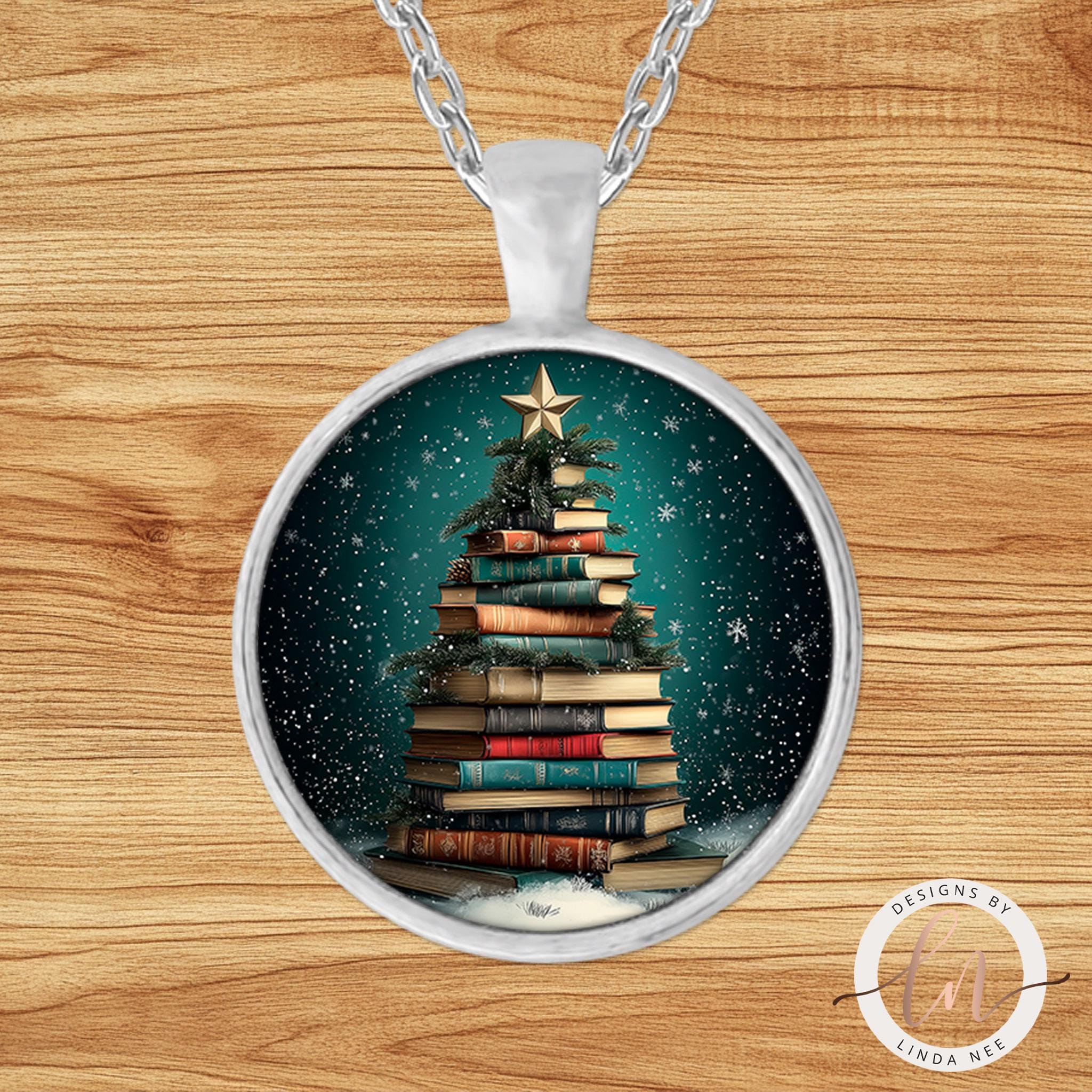 Christmas Tree Book Necklace - Book Lover Gift JewelryDesigns by Linda Nee