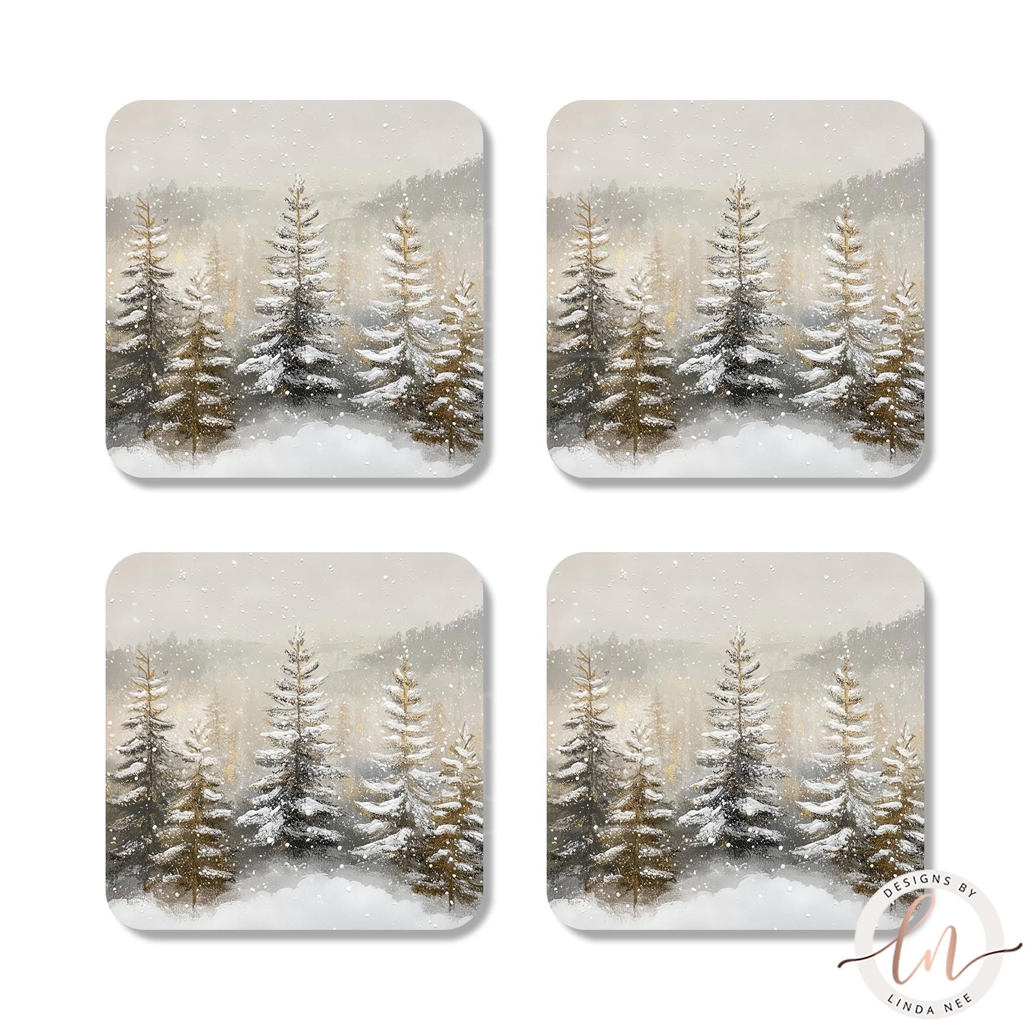 Christmas Tree Coasters Set - Rustic Farmhouse Winter ArtDesigns by Linda Nee