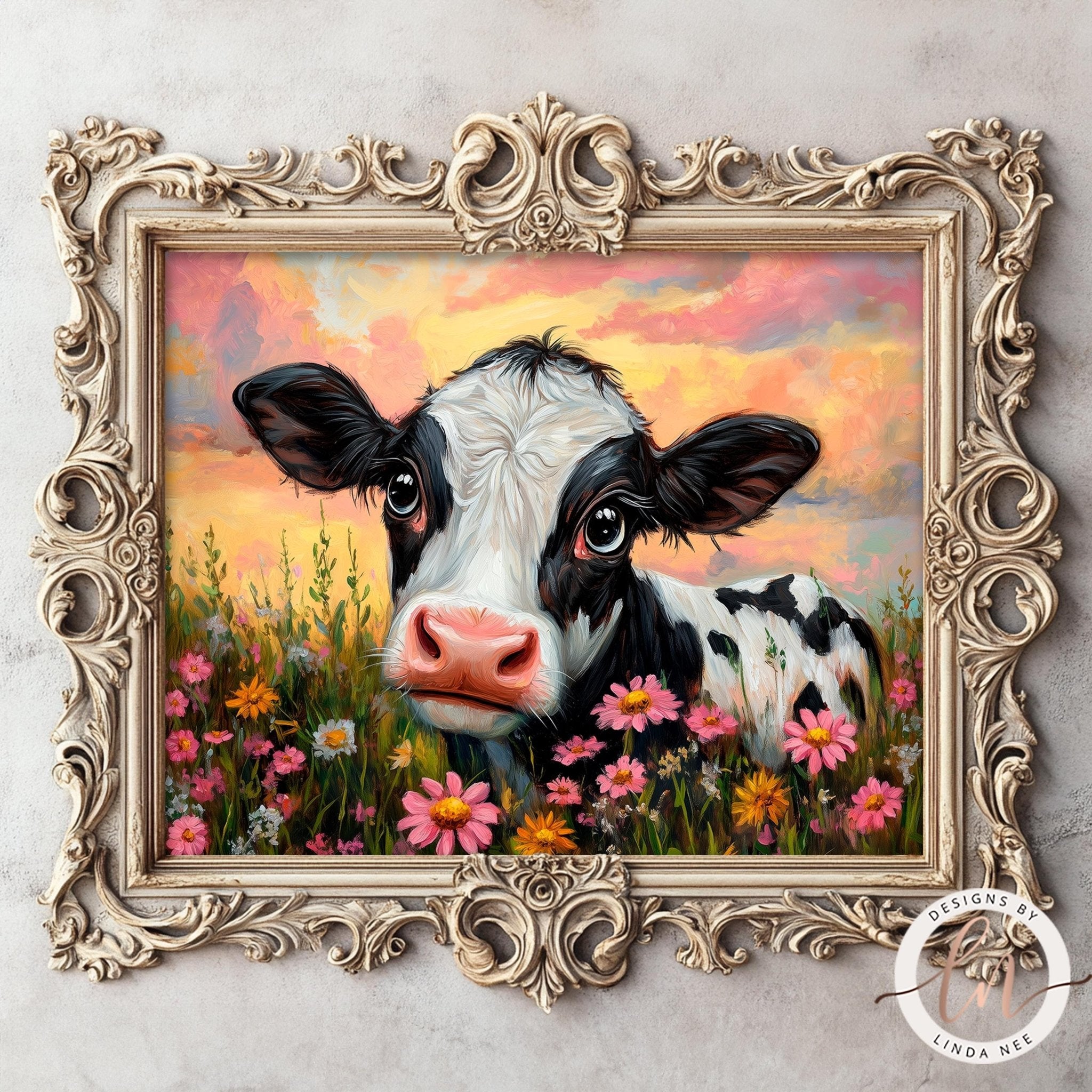 Cute Cow Wildflowers Print