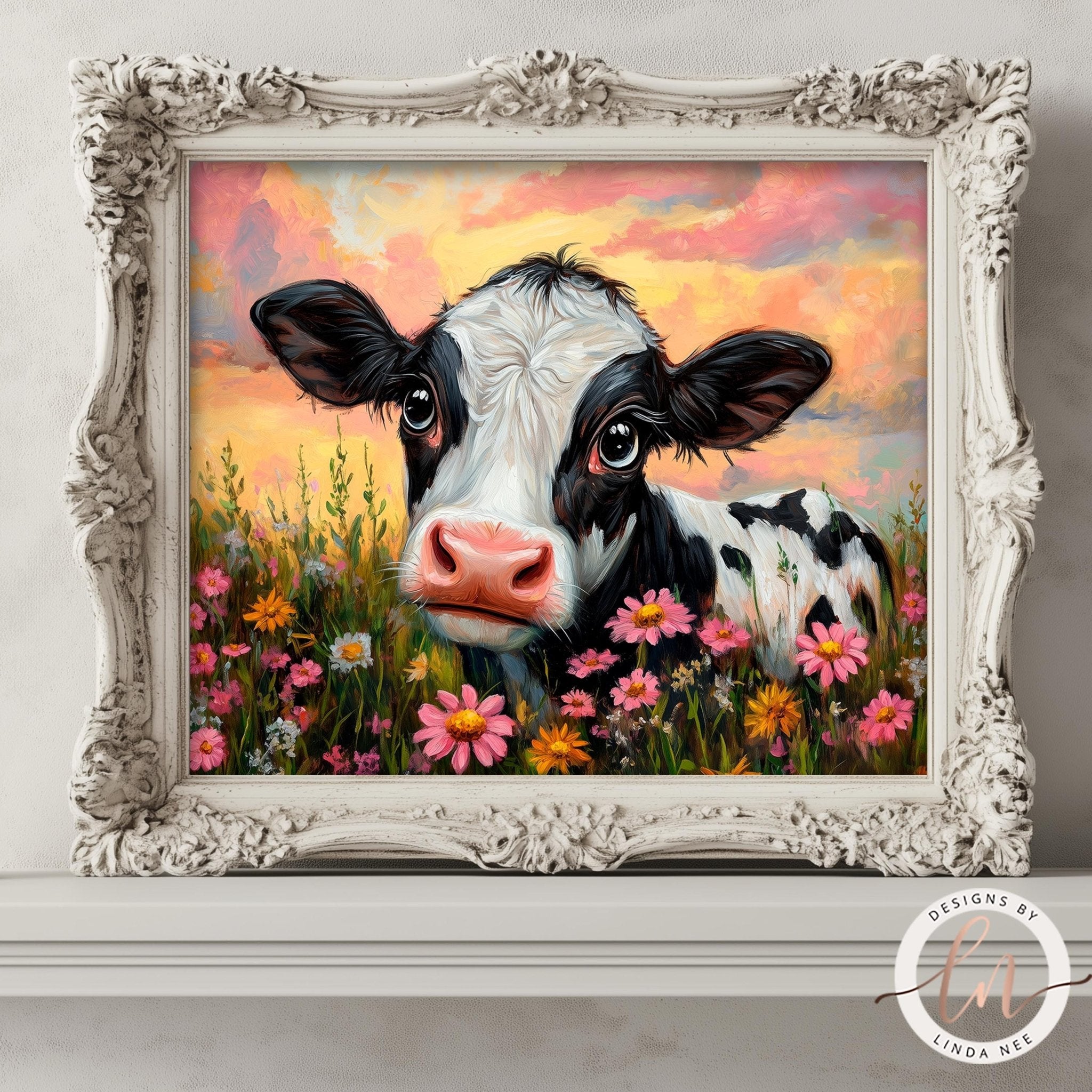 Cute Cow Wildflowers Print