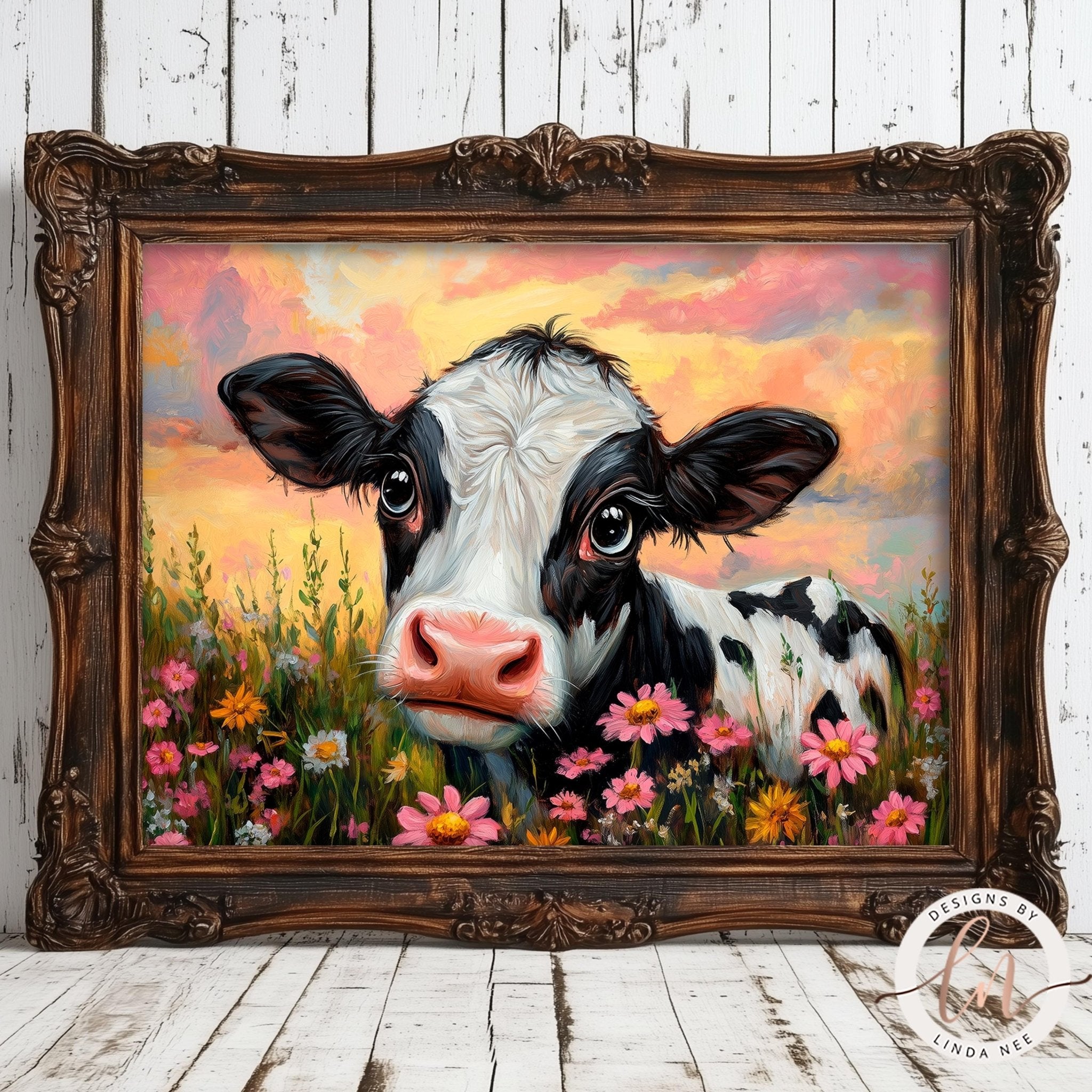 Cute Cow Wildflowers Print