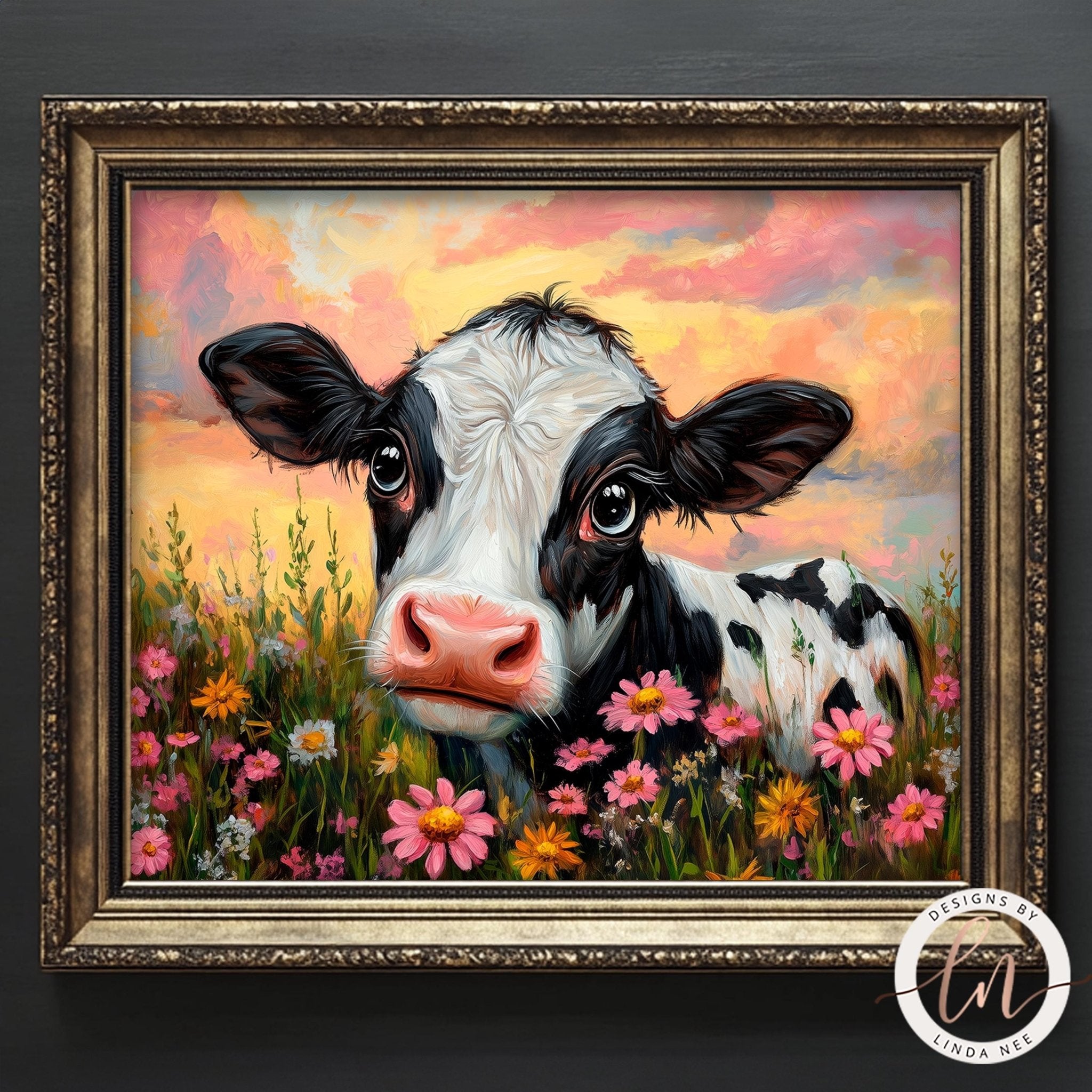 Cute Cow Wildflowers Print