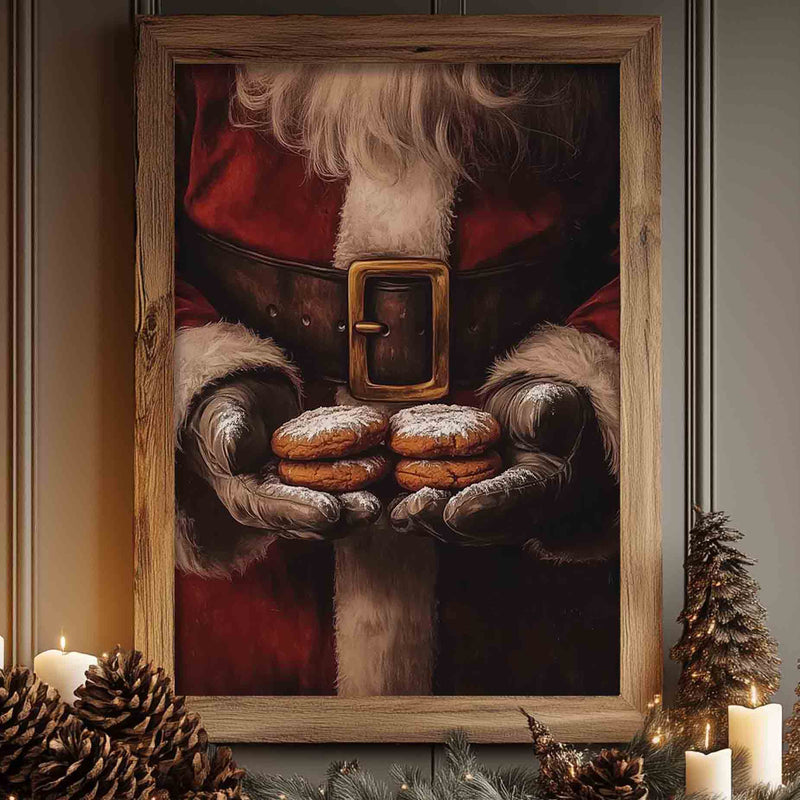 a painting of a santa clause holding cookies