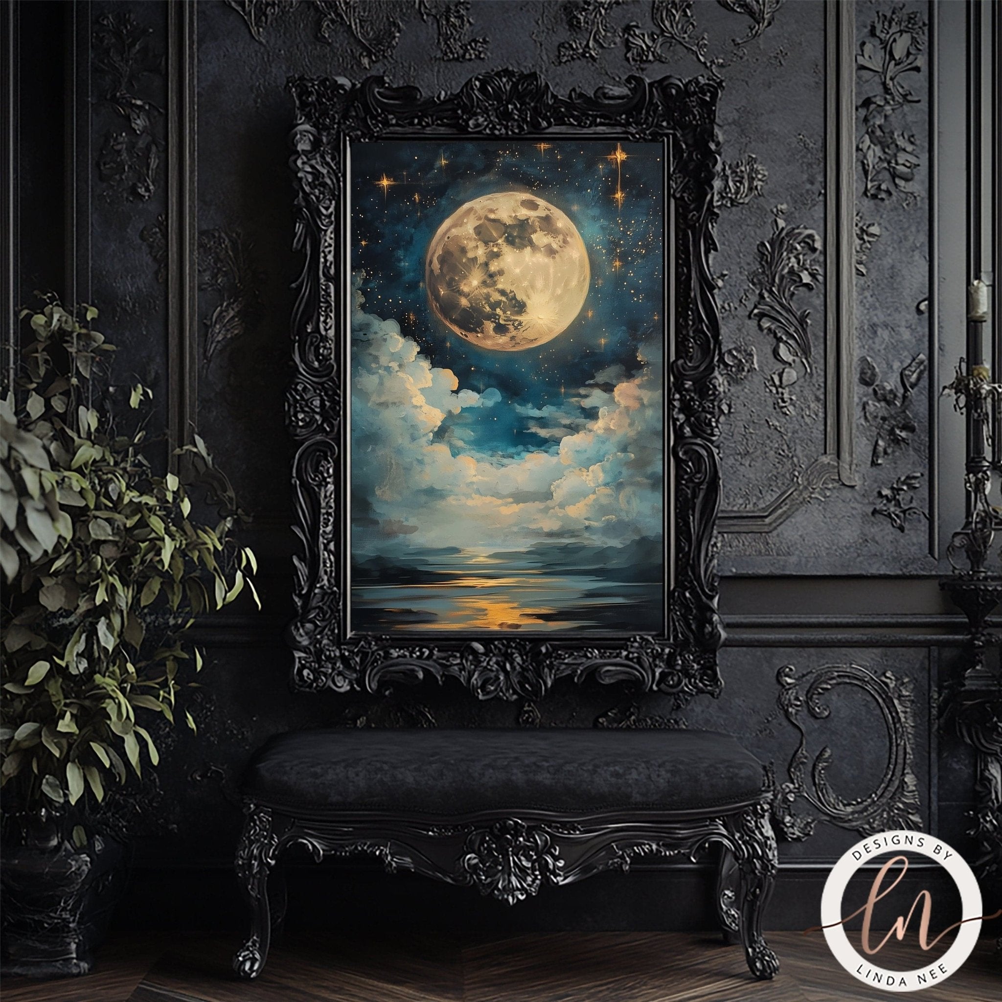 Dark Academia Celestial Full Moon Wall Art Print - Available on Metal or Fine Art Paper