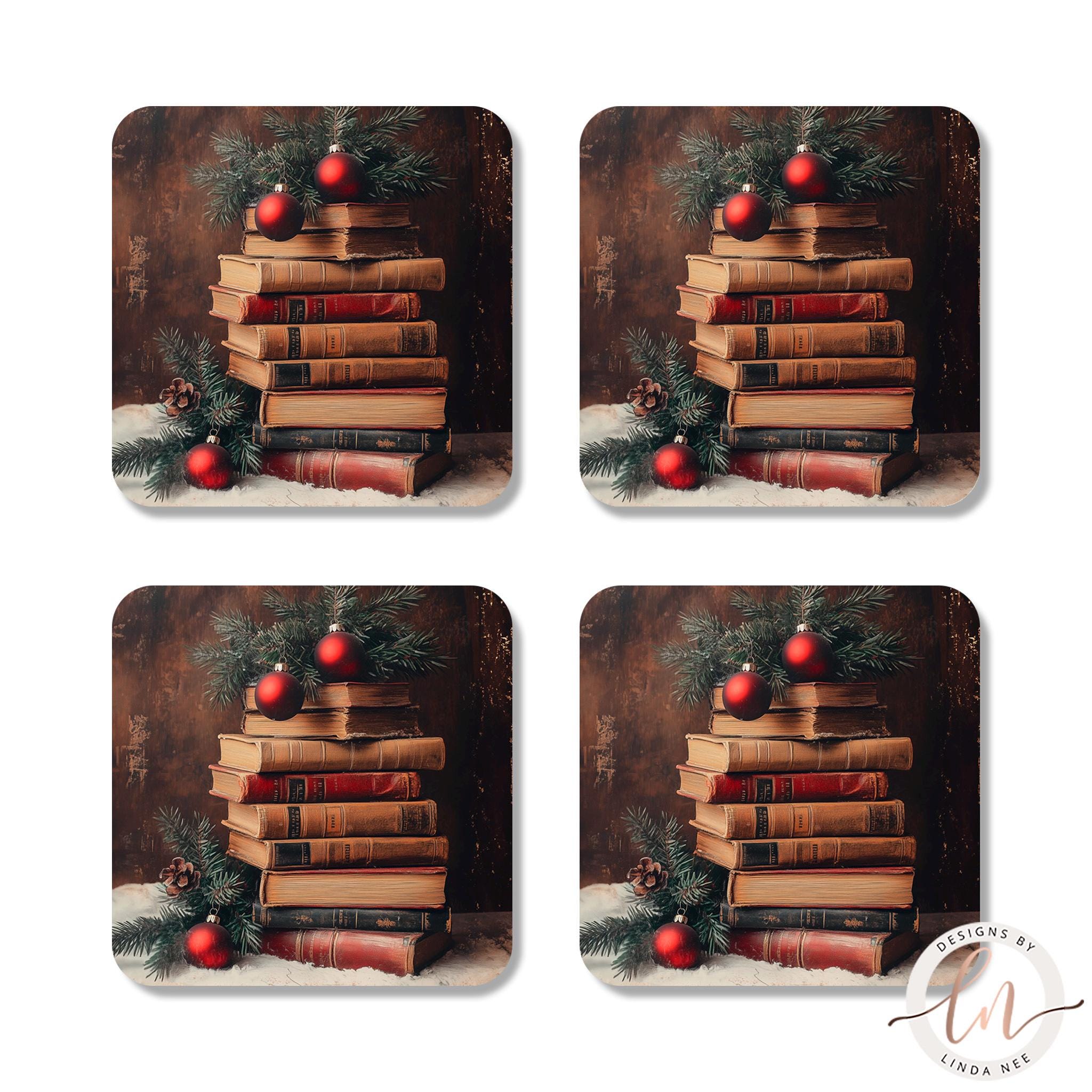 Dark Academia Christmas Coasters Set - Vintage Books Art