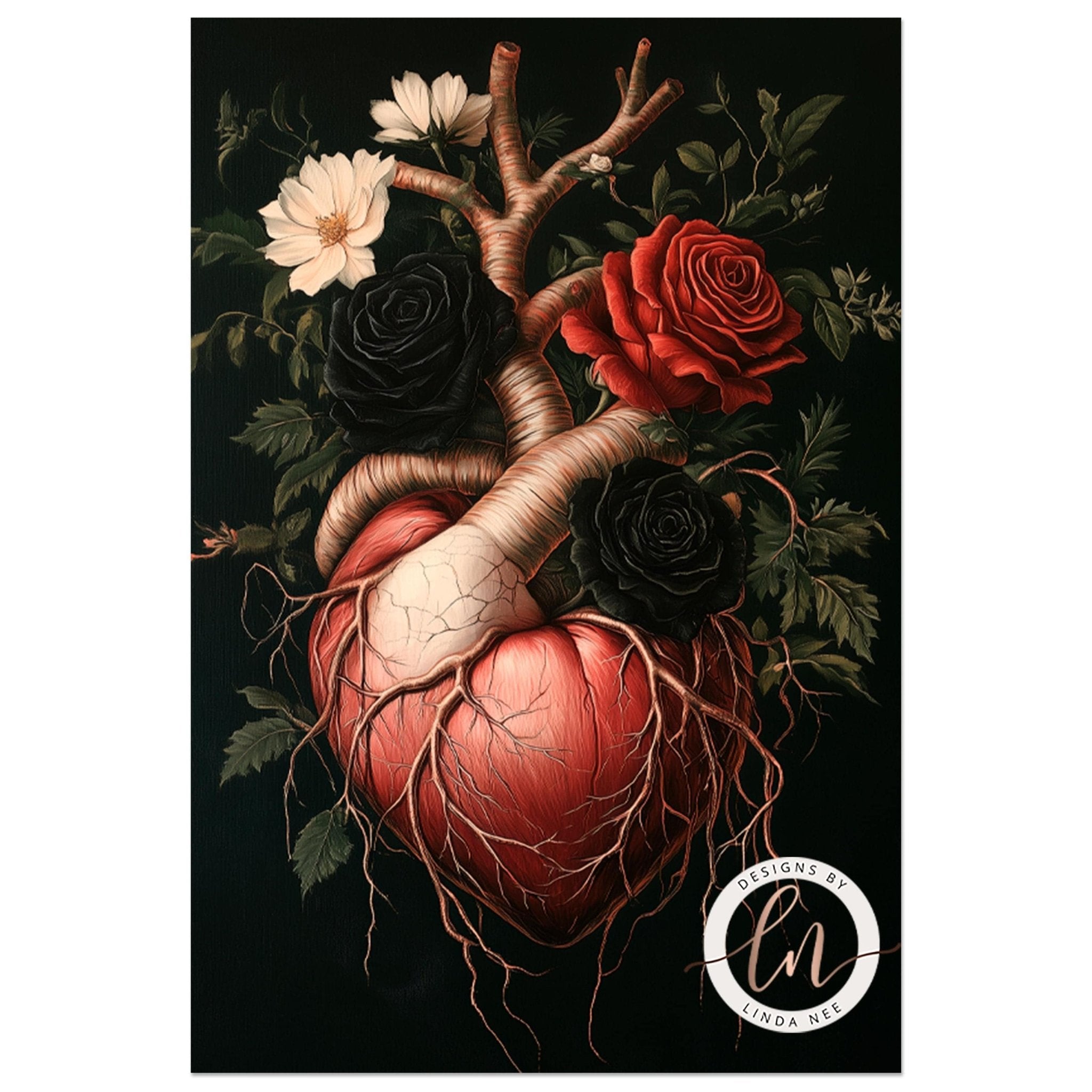 Dark Academia Human Anatomical Heart with Roses Dark Academia Wall Art Print - Available on Metal or Fine Art Paper