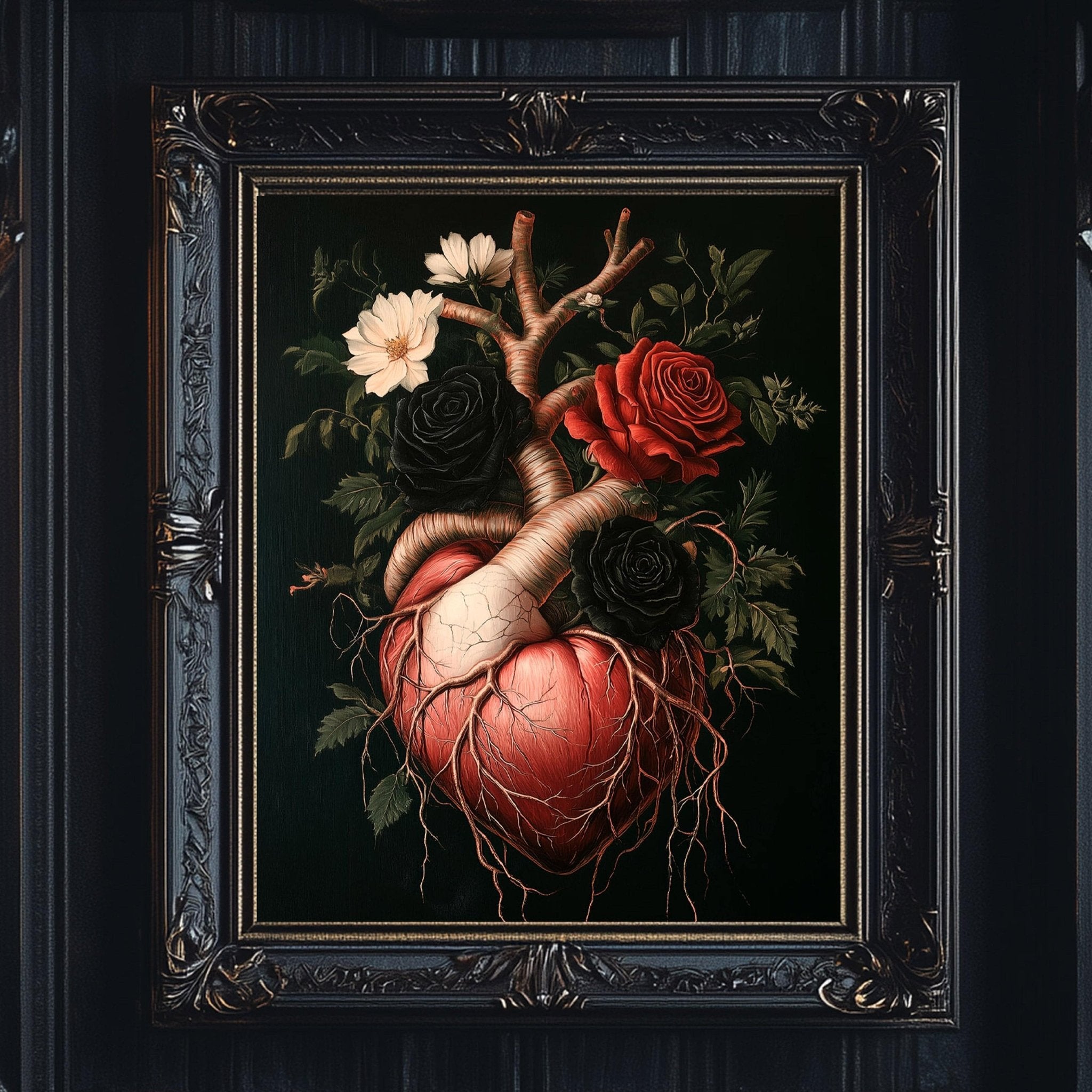 Dark Academia Human Anatomical Heart with Roses Dark Academia Wall Art Print - Available on Metal or Fine Art Paper