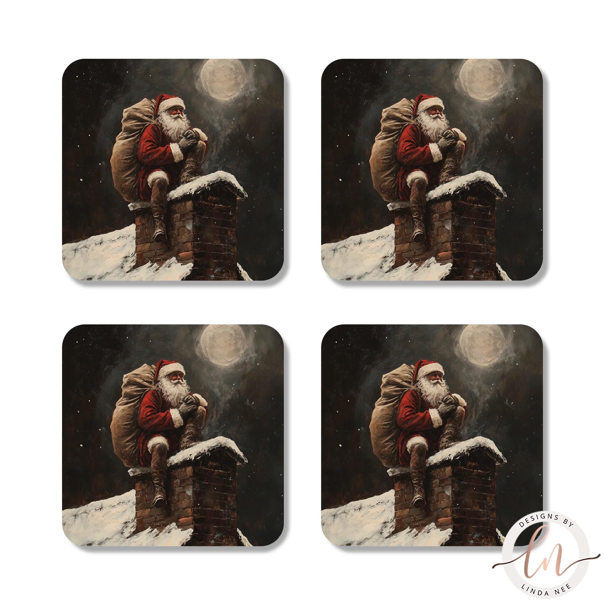 Dark Academia Santa Coasters Set - Vintage Christmas Art