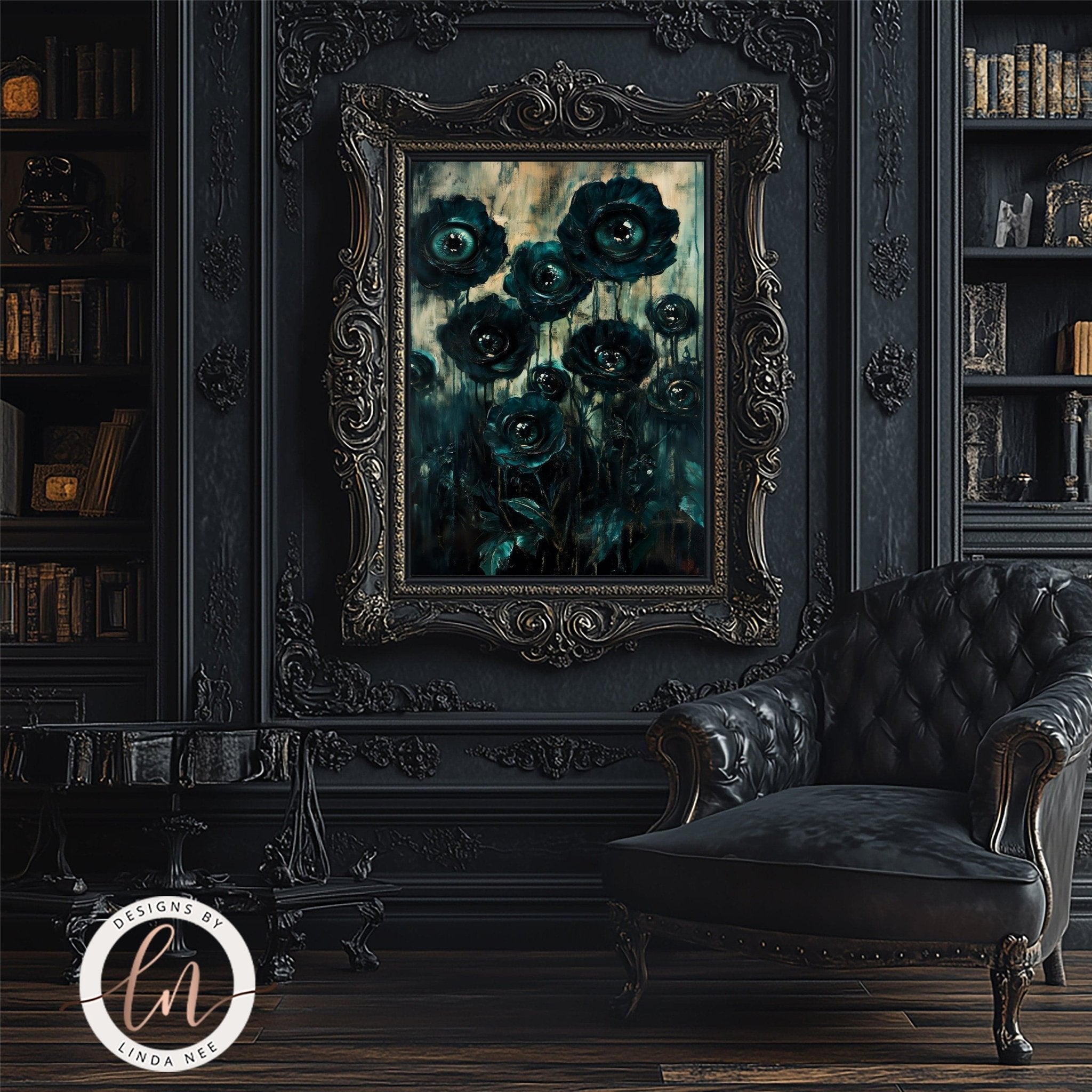 Dark Botanical Goth Print - Macabre Black Flowers with Eyes Wall Art Print - Available on Metal or Fine Art Paper