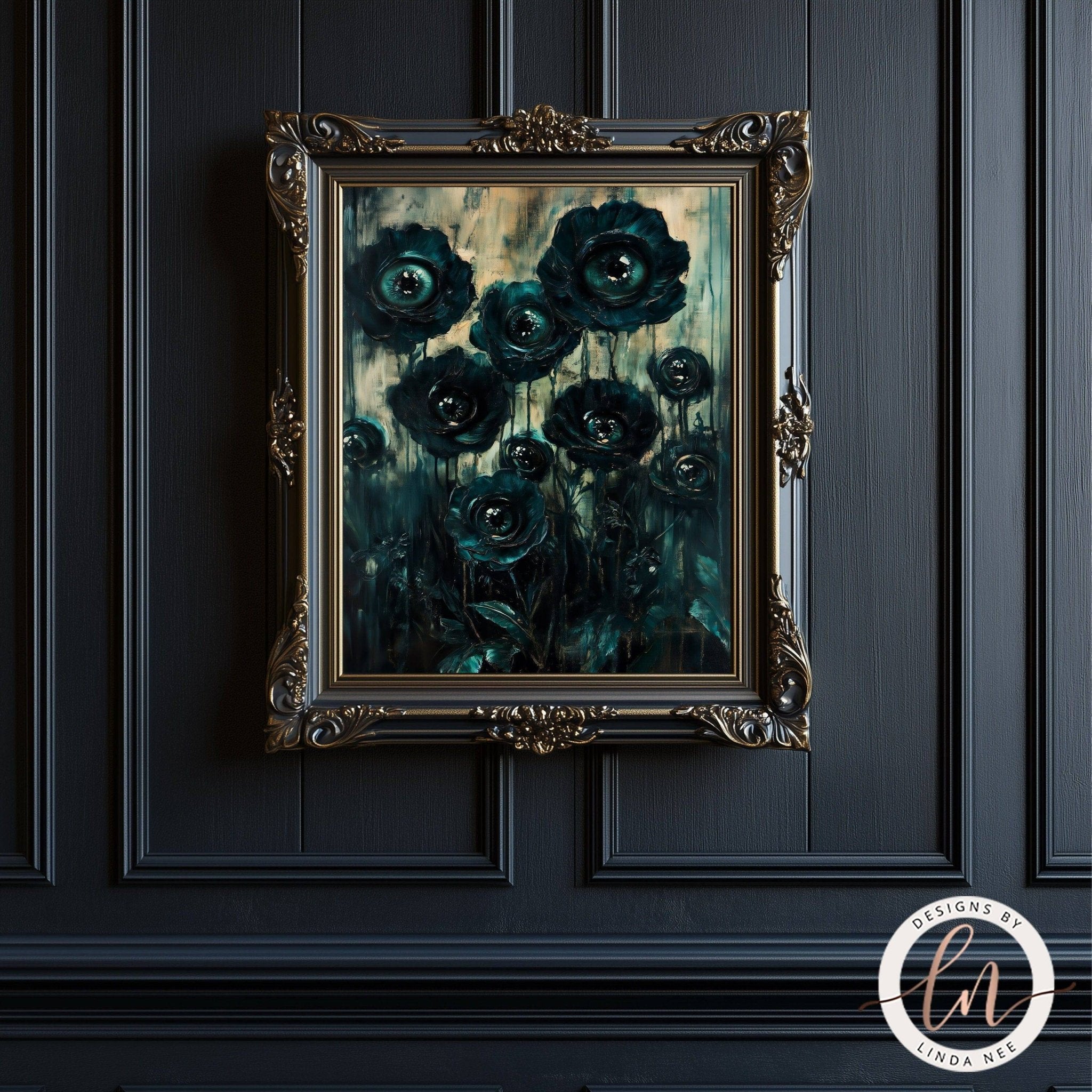 Dark Botanical Goth Print - Macabre Black Flowers with Eyes Wall Art Print - Available on Metal or Fine Art Paper