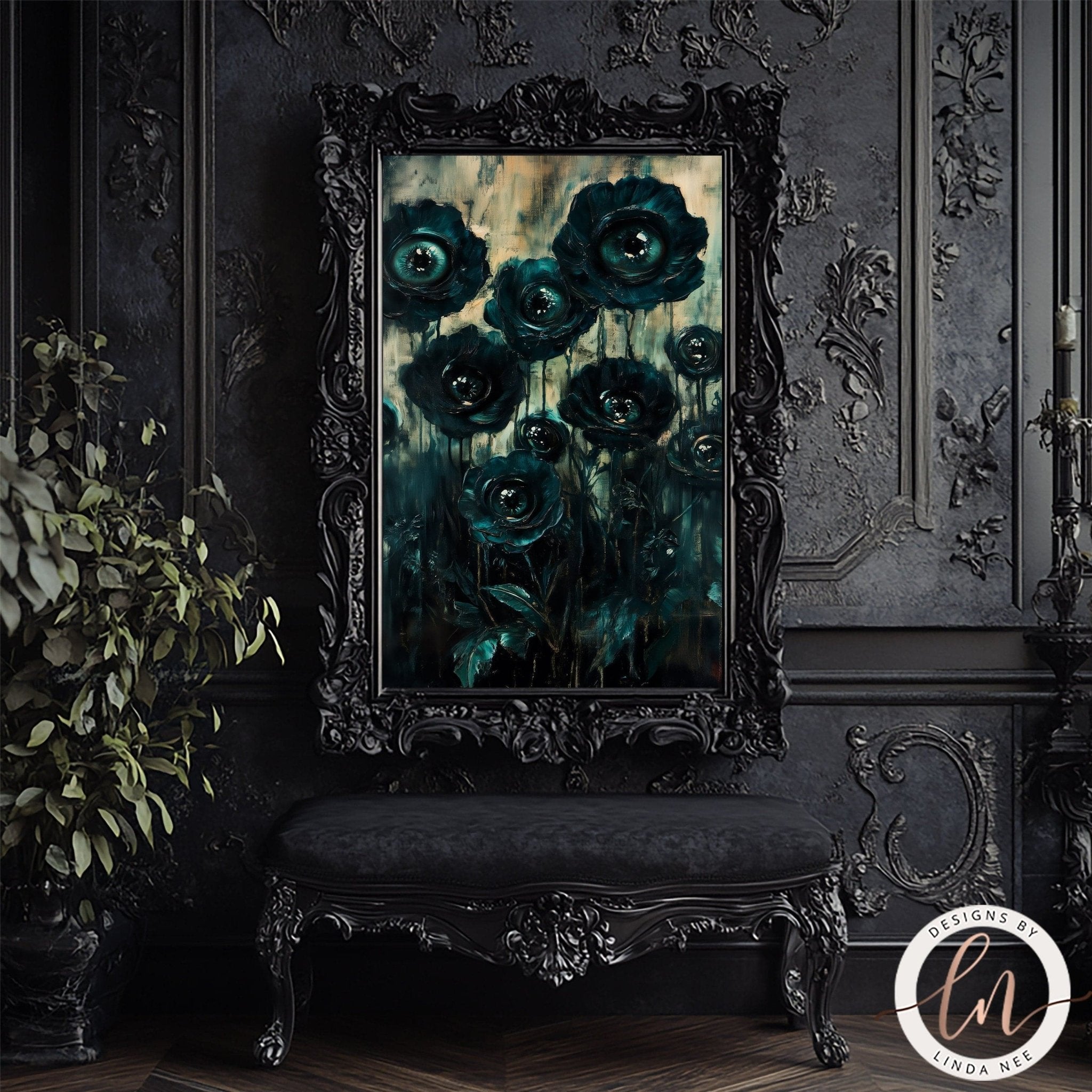 Dark Botanical Goth Print - Macabre Black Flowers with Eyes Wall Art Print - Available on Metal or Fine Art Paper