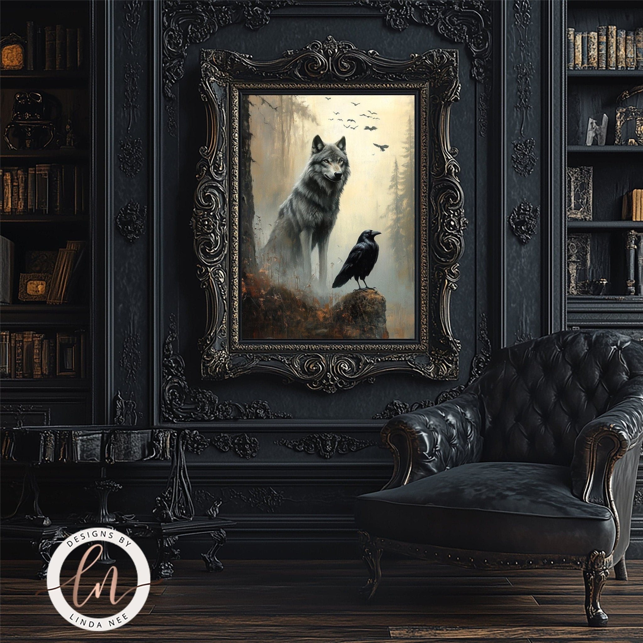 Dark Norse Fantasy Wolf and Raven Wall Art Print - Available on Metal or Fine Art Paper