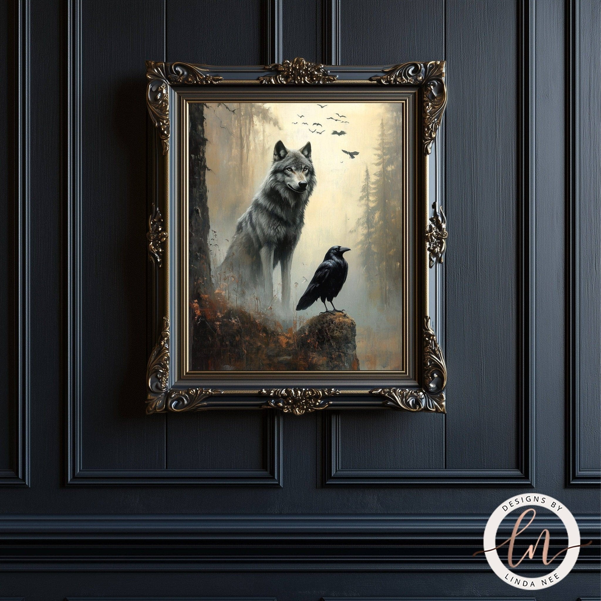 Dark Norse Fantasy Wolf and Raven Wall Art Print - Available on Metal or Fine Art Paper