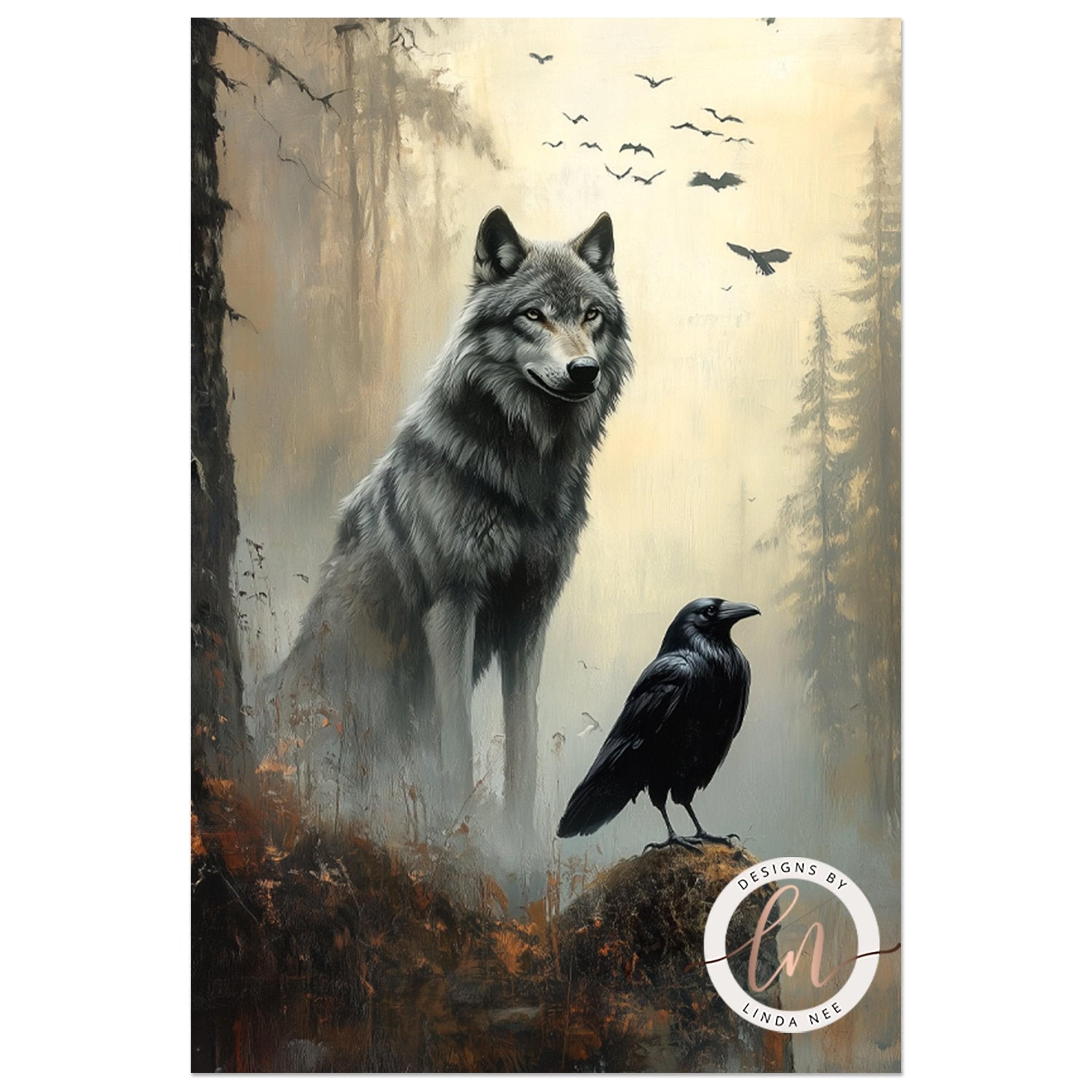 Dark Norse Fantasy Wolf and Raven Wall Art Print - Available on Metal or Fine Art Paper