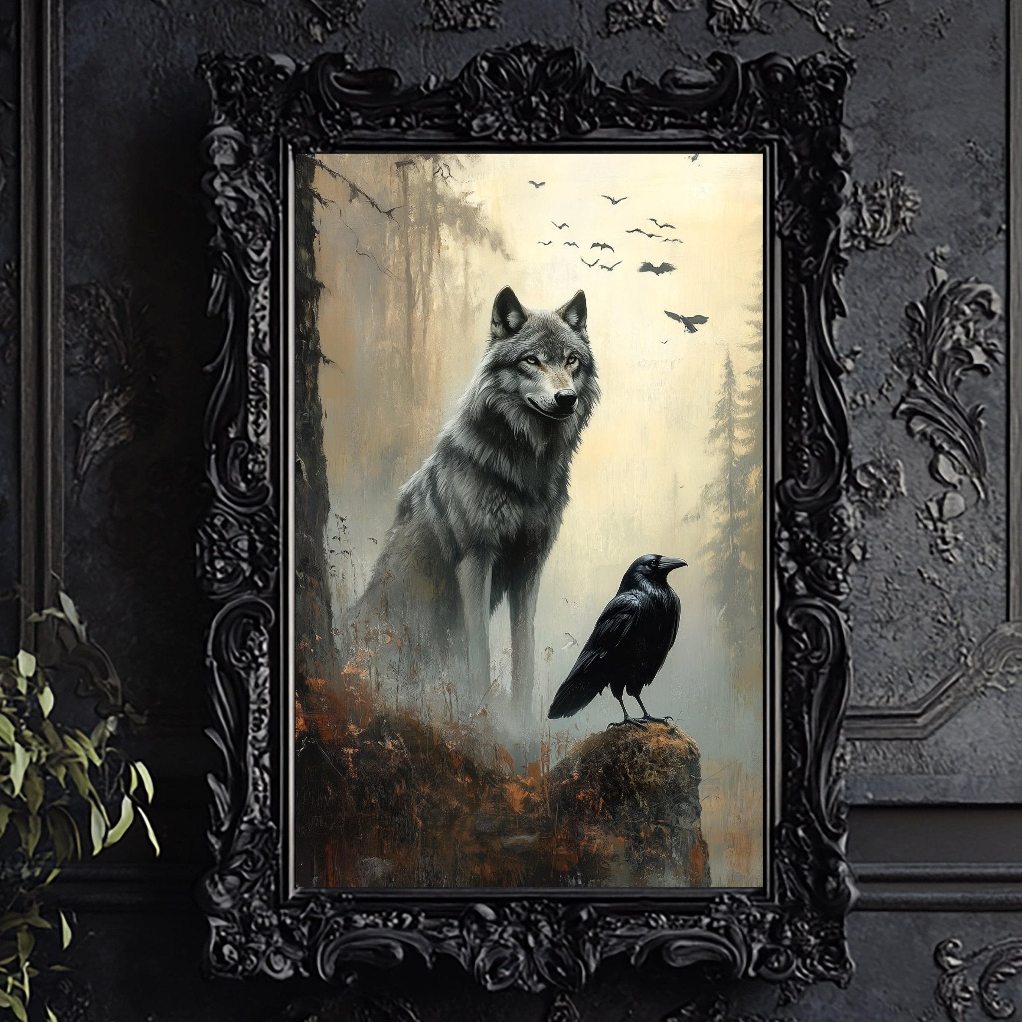 Dark Norse Fantasy Wolf and Raven Wall Art Print - Available on Metal or Fine Art Paper