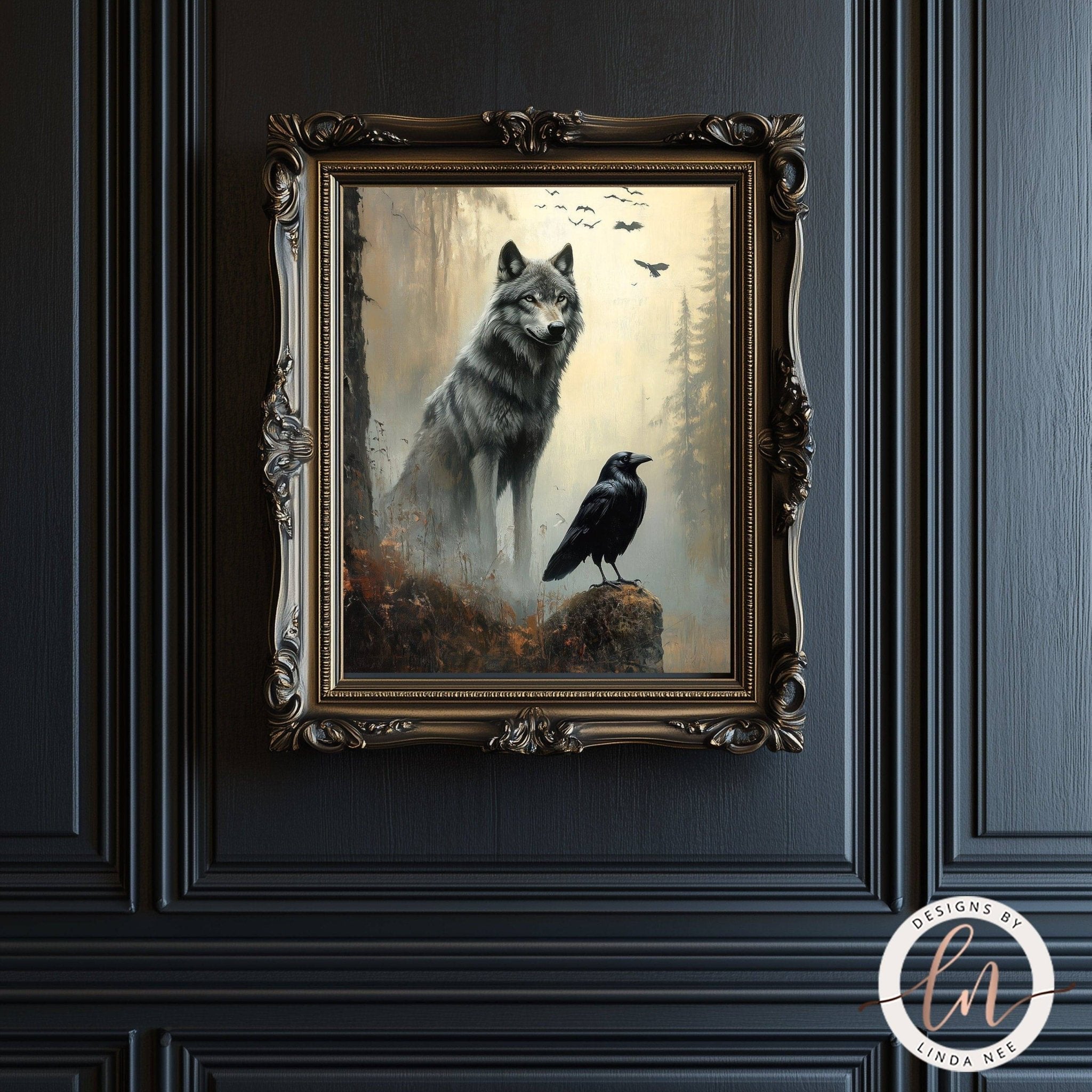 Dark Norse Fantasy Wolf and Raven Wall Art Print - Available on Metal or Fine Art Paper