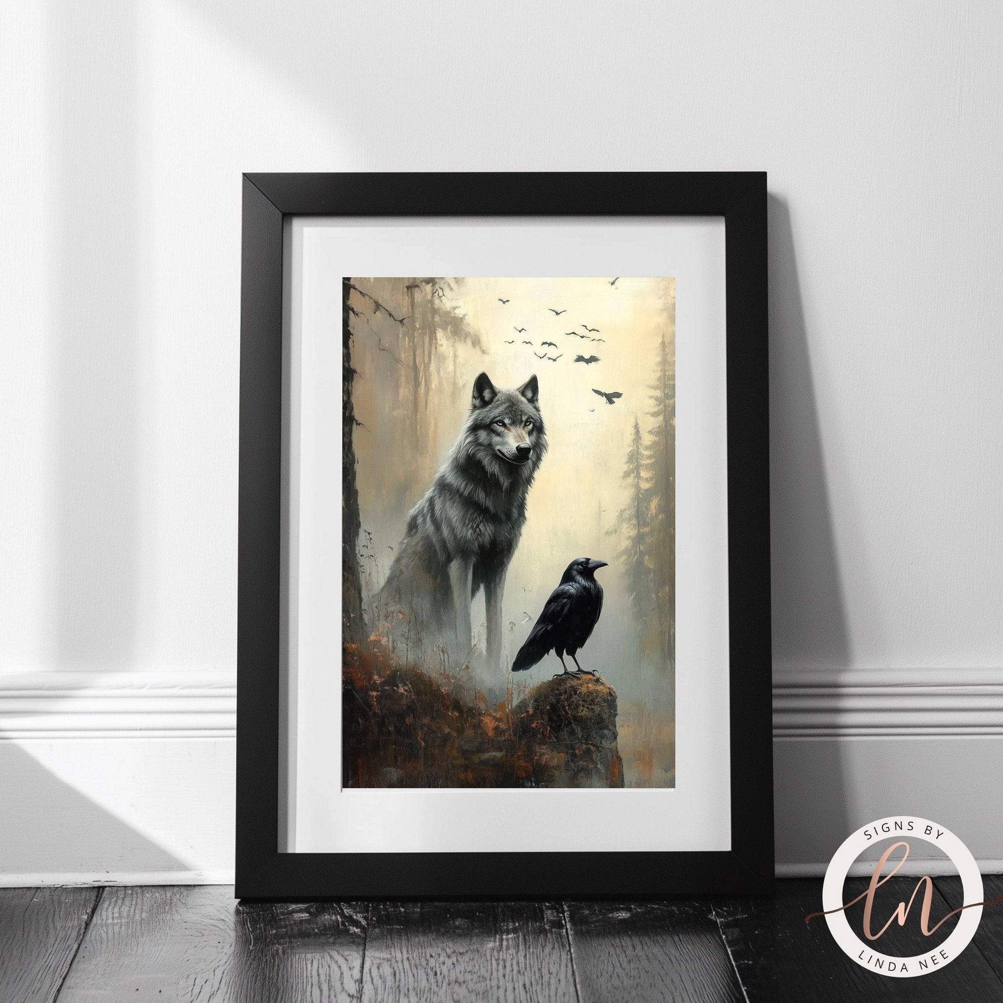 Dark Norse Fantasy Wolf and Raven Wall Art Print - Available on Metal or Fine Art Paper