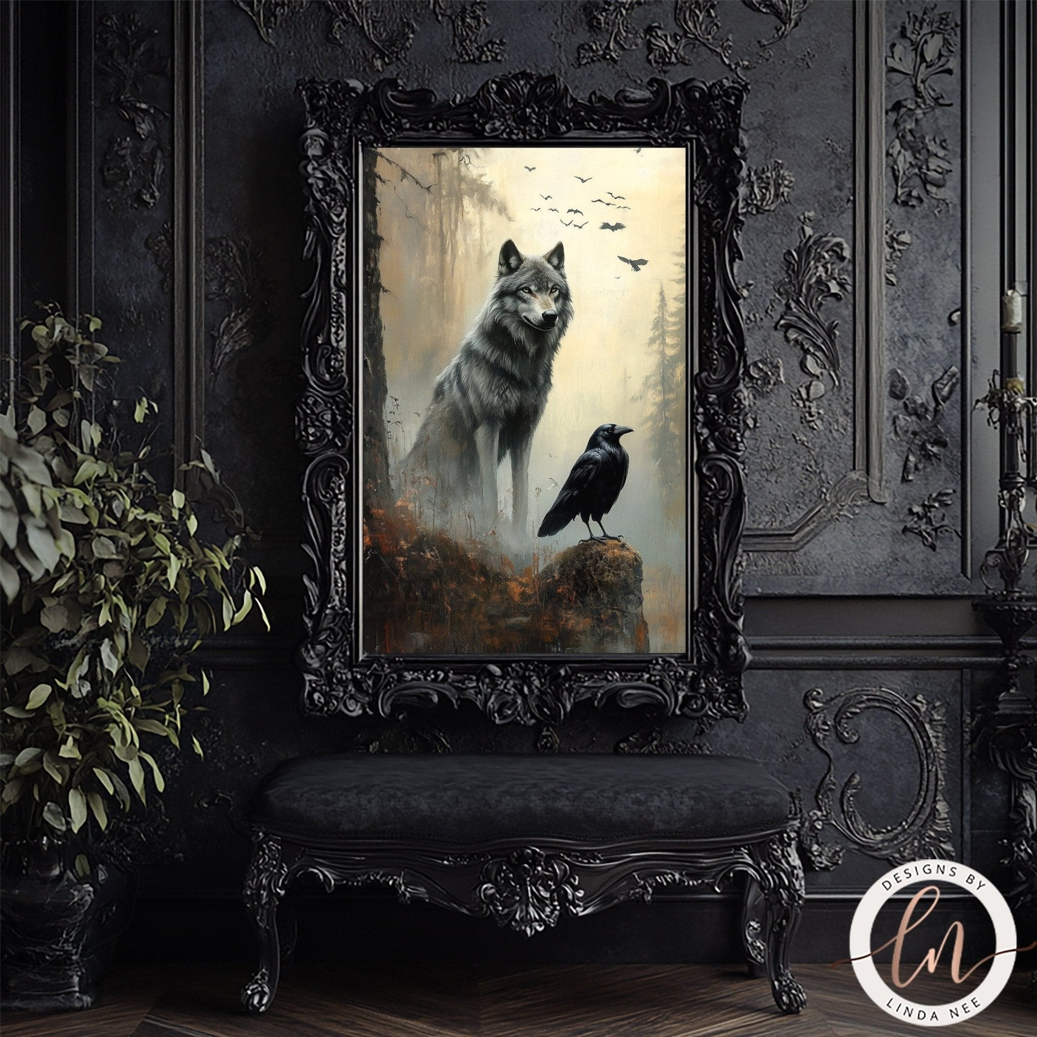 Dark Norse Fantasy Wolf and Raven Wall Art Print - Available on Metal or Fine Art Paper