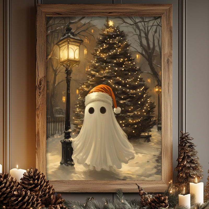 a painting of a ghost in front of a christmas tree