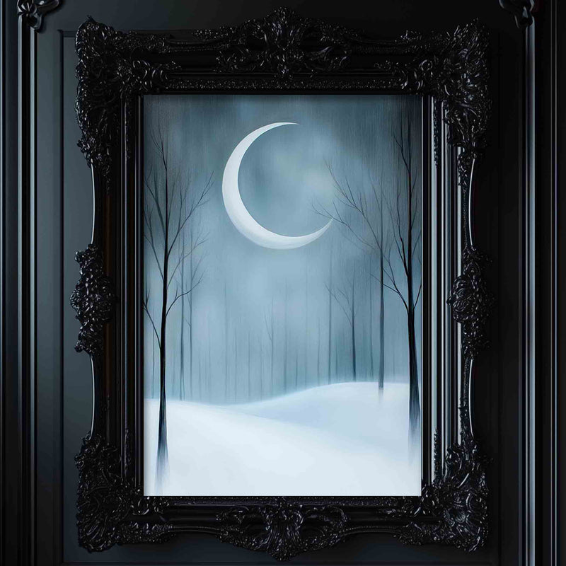 a painting of a snowy night with a half moon