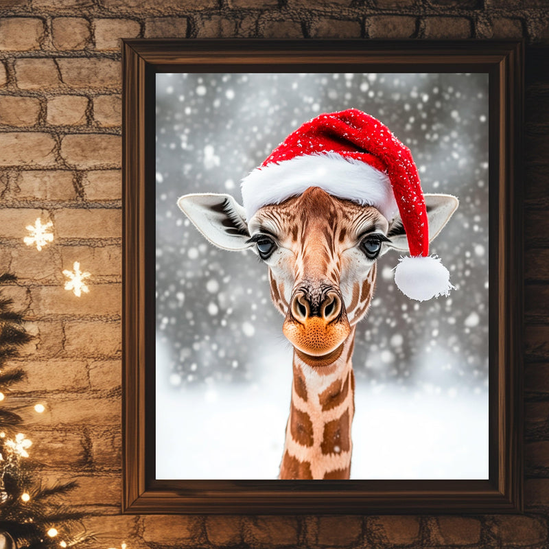 Cute Giraffe Wearing a Santa Hat Christmas Wall Art Print - Available on Metal or Fine Art Paper - Designs by Linda Nee