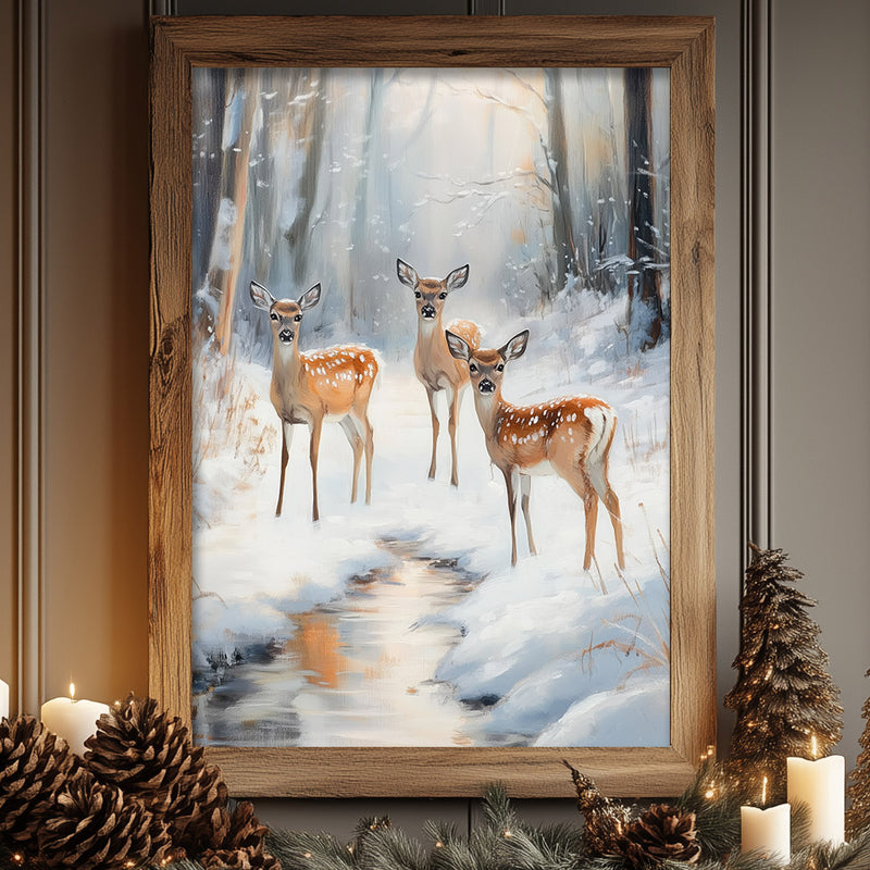 a painting of three deer in a snowy forest