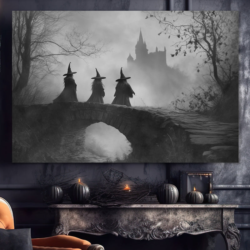 Vintage Witches in the Forest Black and White Sepia Wall Art Print - Available on Metal or Fine Art Paper - Designs by Linda Nee