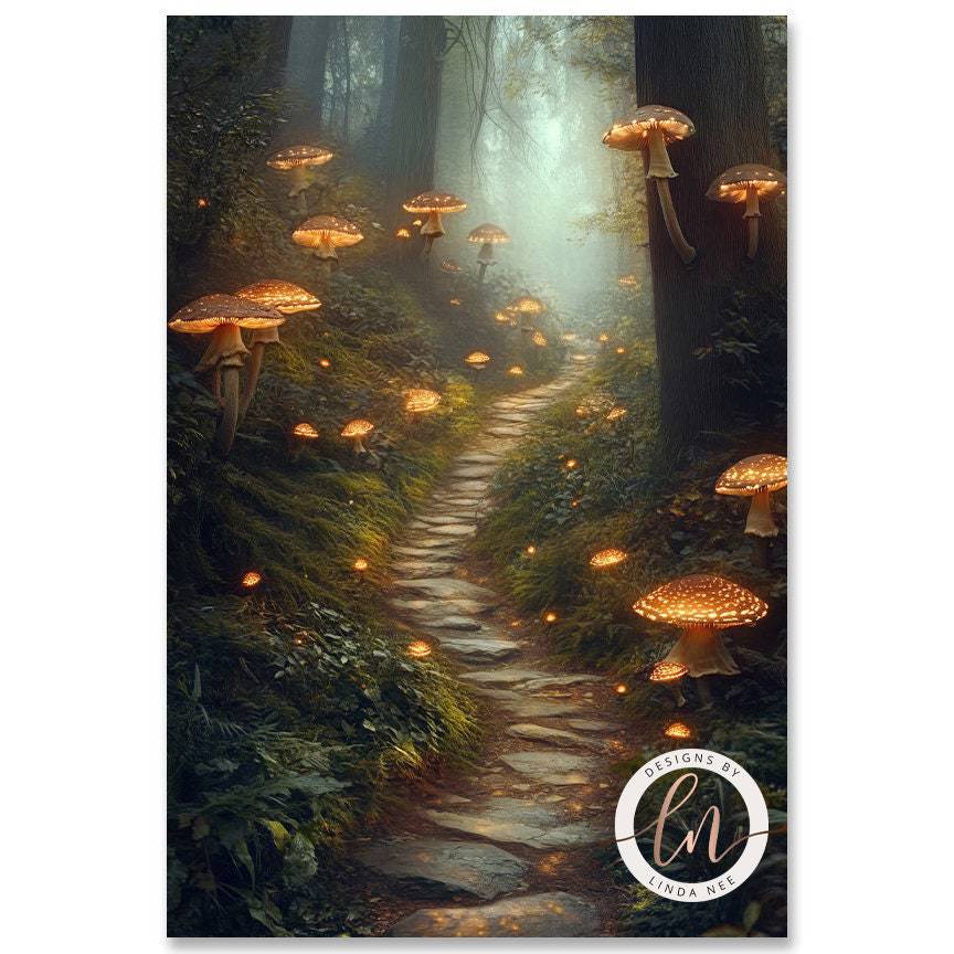 Enchanted Mystical Woodland with Glowing Mushrooms Wall Art Print - Available on Metal or Fine Art Paper