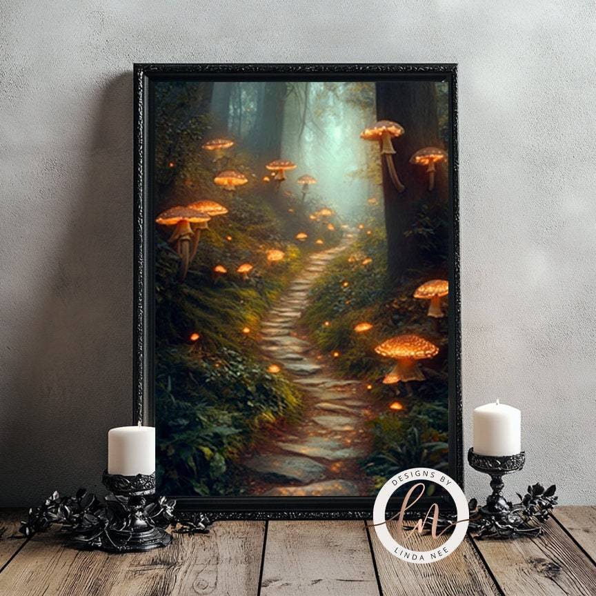 Enchanted Mystical Woodland with Glowing Mushrooms Wall Art Print - Available on Metal or Fine Art Paper