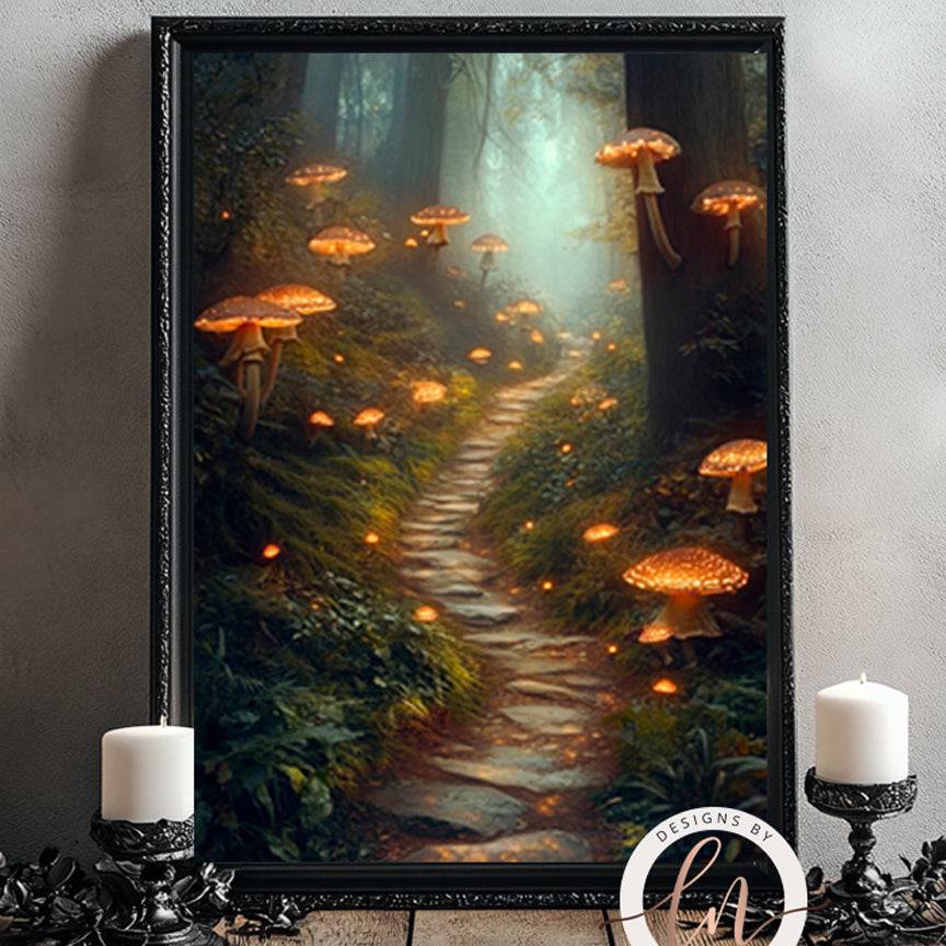 Enchanted Mystical Woodland with Glowing Mushrooms Wall Art Print - Available on Metal or Fine Art Paper