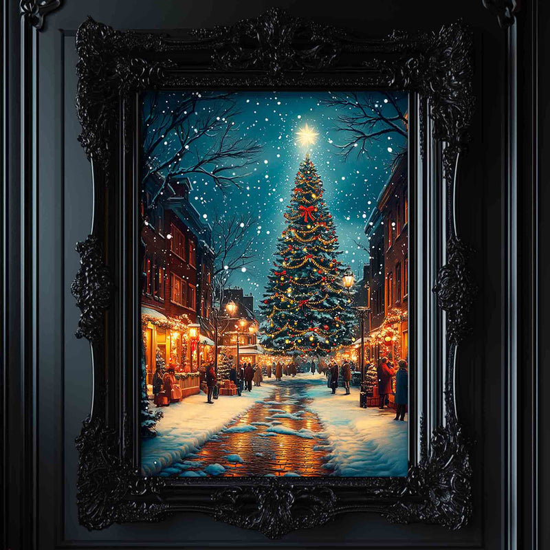 a painting of a christmas tree on a snowy street