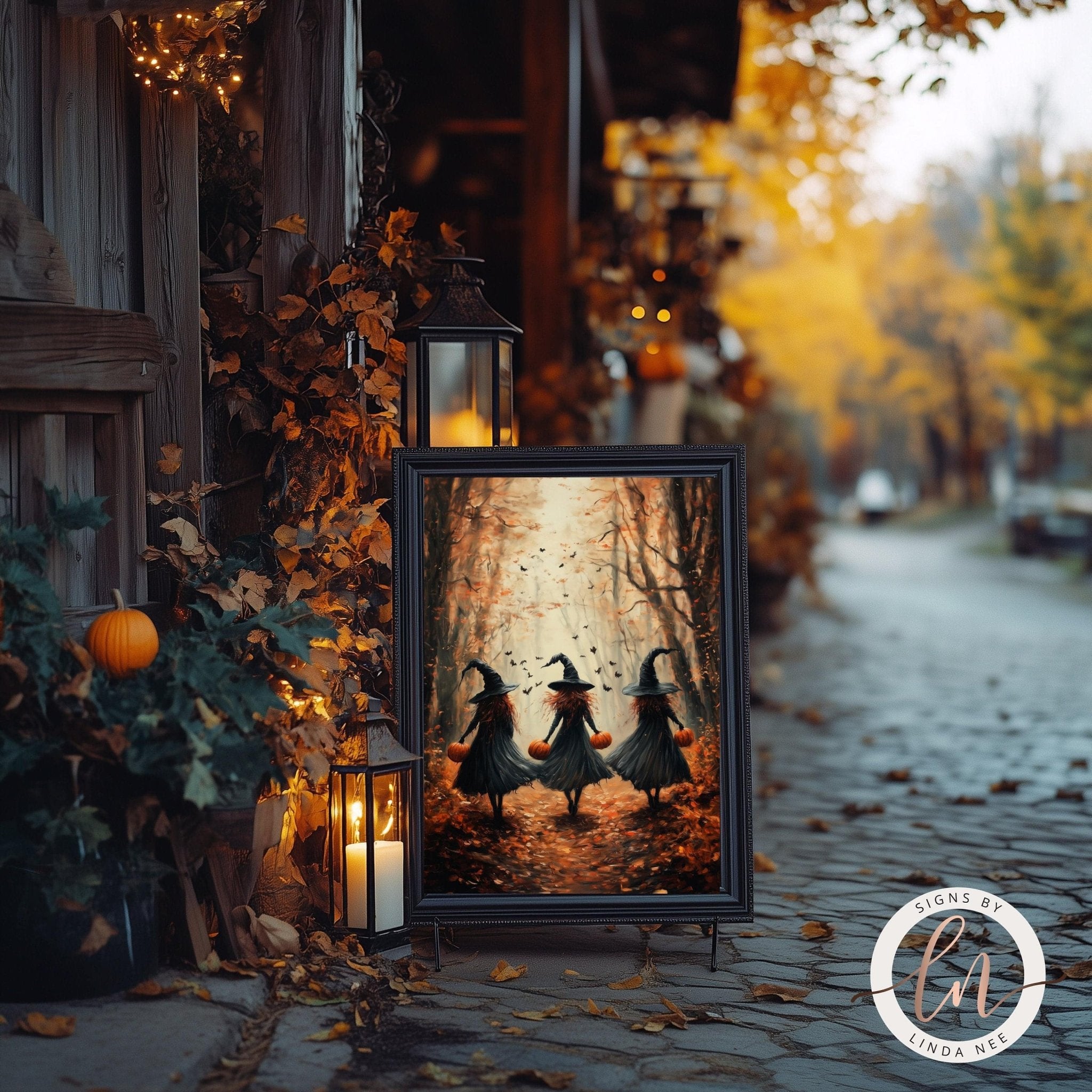 Fall Witches in Forest Halloween Art - Metal or Fine Print