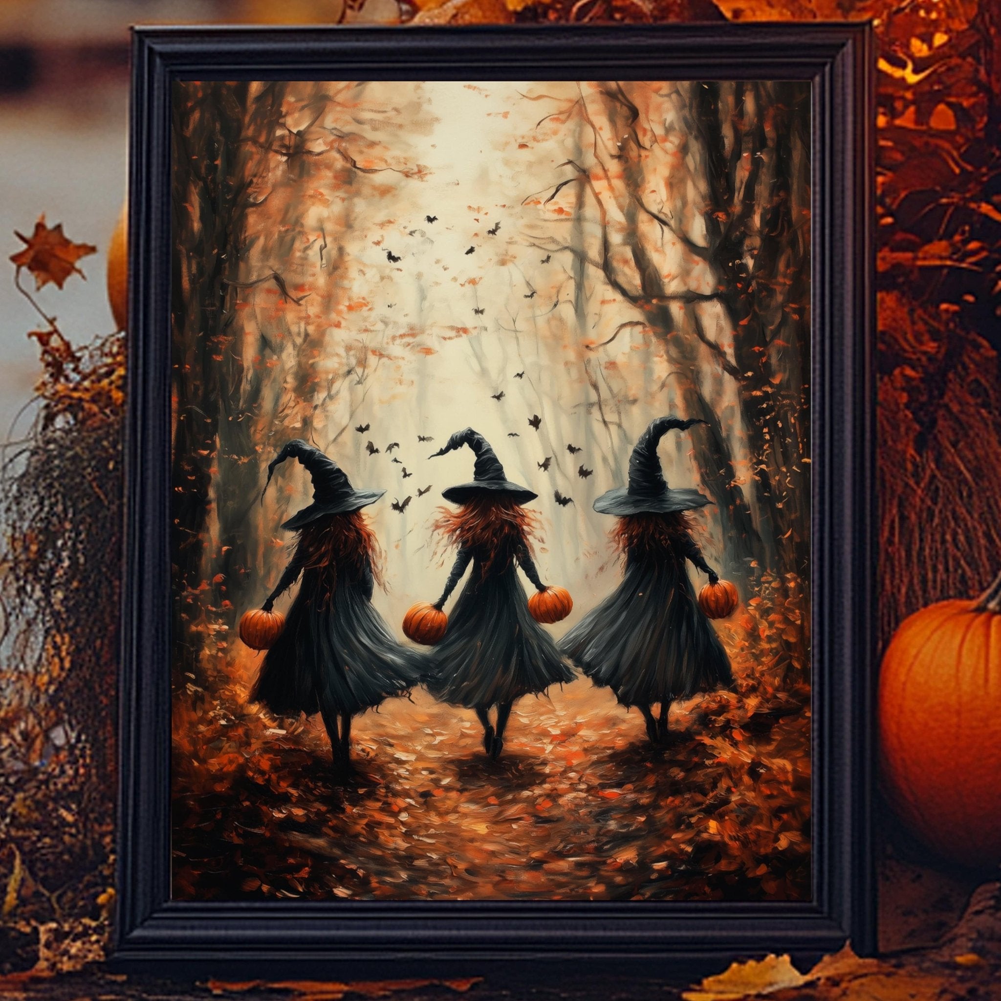 Fall Witches in Forest Halloween Art - Metal or Fine Print