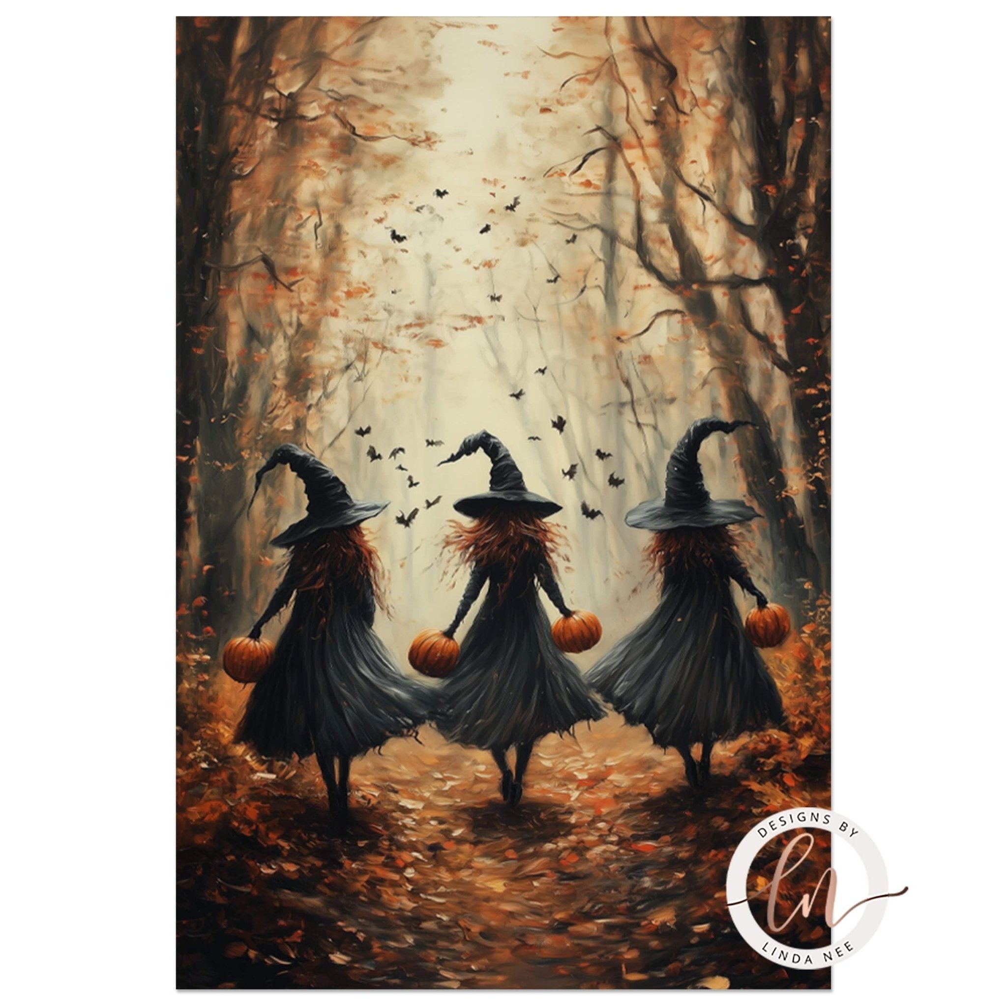 Fall Witches in Forest Halloween Art - Metal or Fine Print