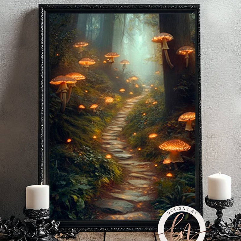 Enchanted Mystical Woodland with Glowing Mushrooms Wall Art Print - Available on Metal or Fine Art Paper - Designs by Linda Nee