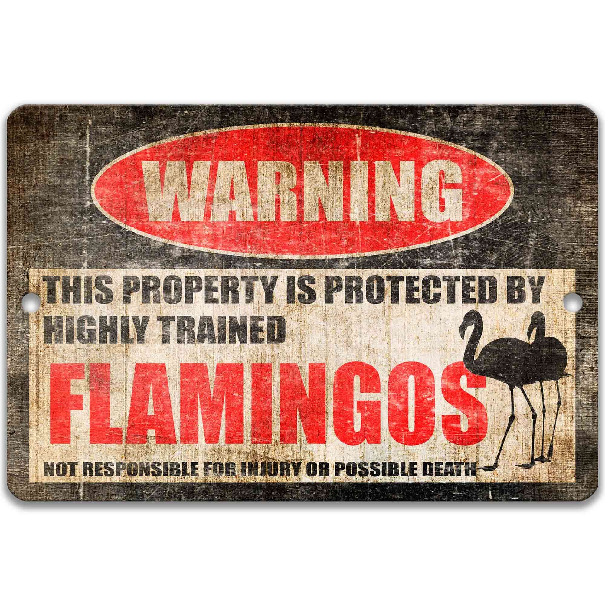 Flamingos Metal Sign - Tropical Welcome Decor with Humorous Flamingo Warning - Outdoor Yard Decoration