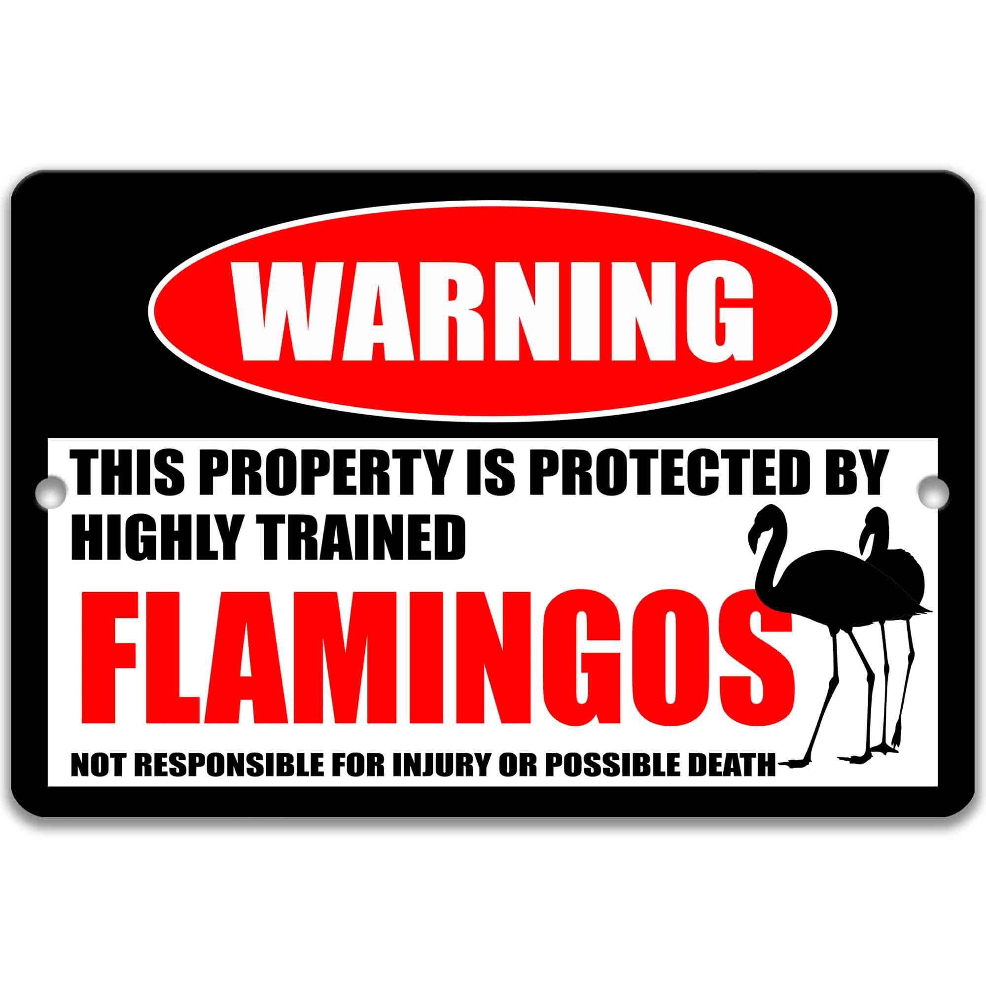 Flamingos Metal Sign - Tropical Welcome Decor with Humorous Flamingo Warning - Outdoor Yard Decoration