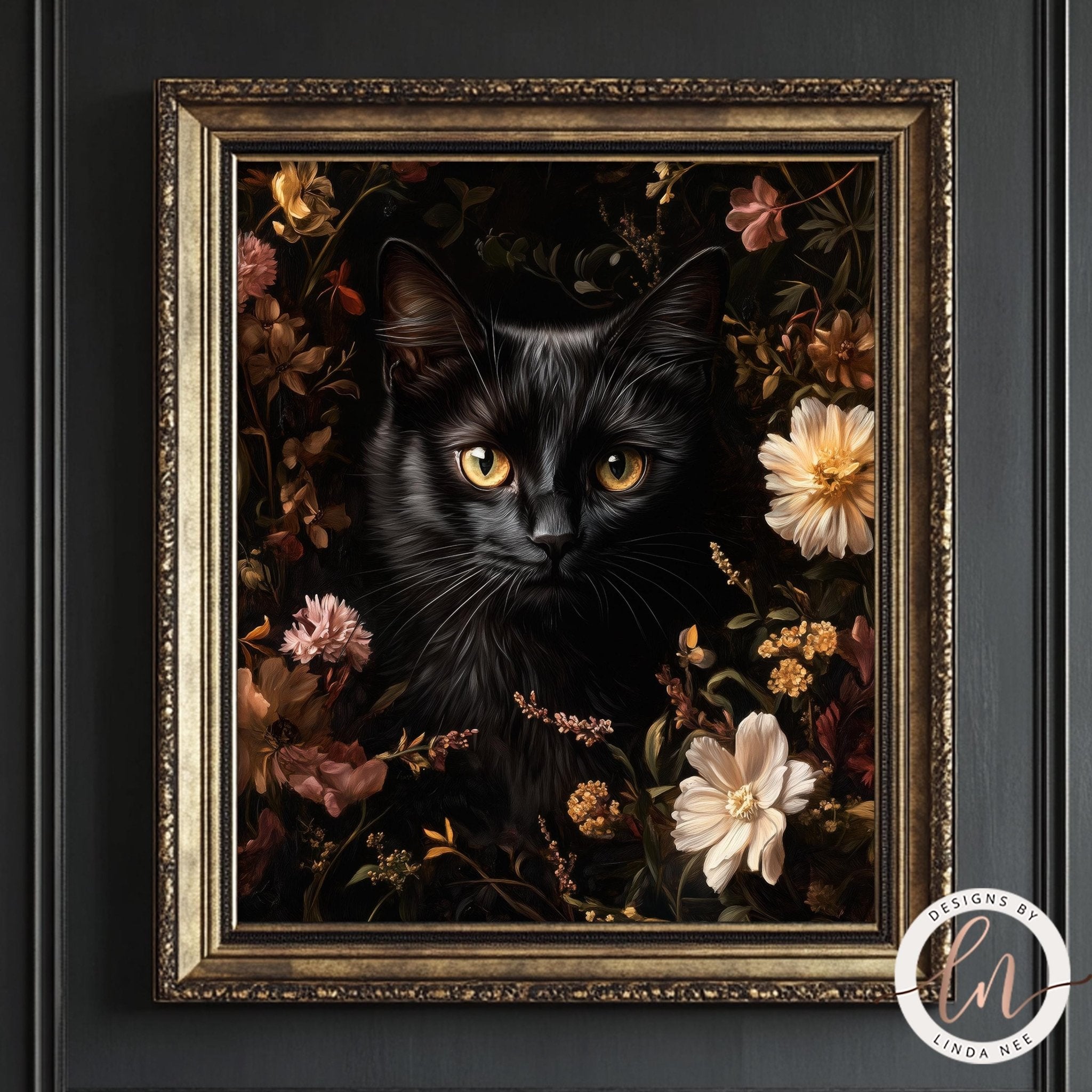 Floral Black Cat Print