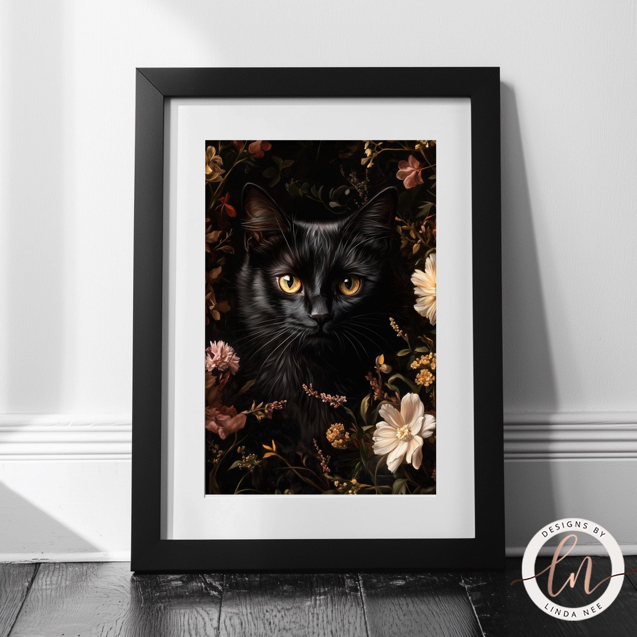 Floral Black Cat Print