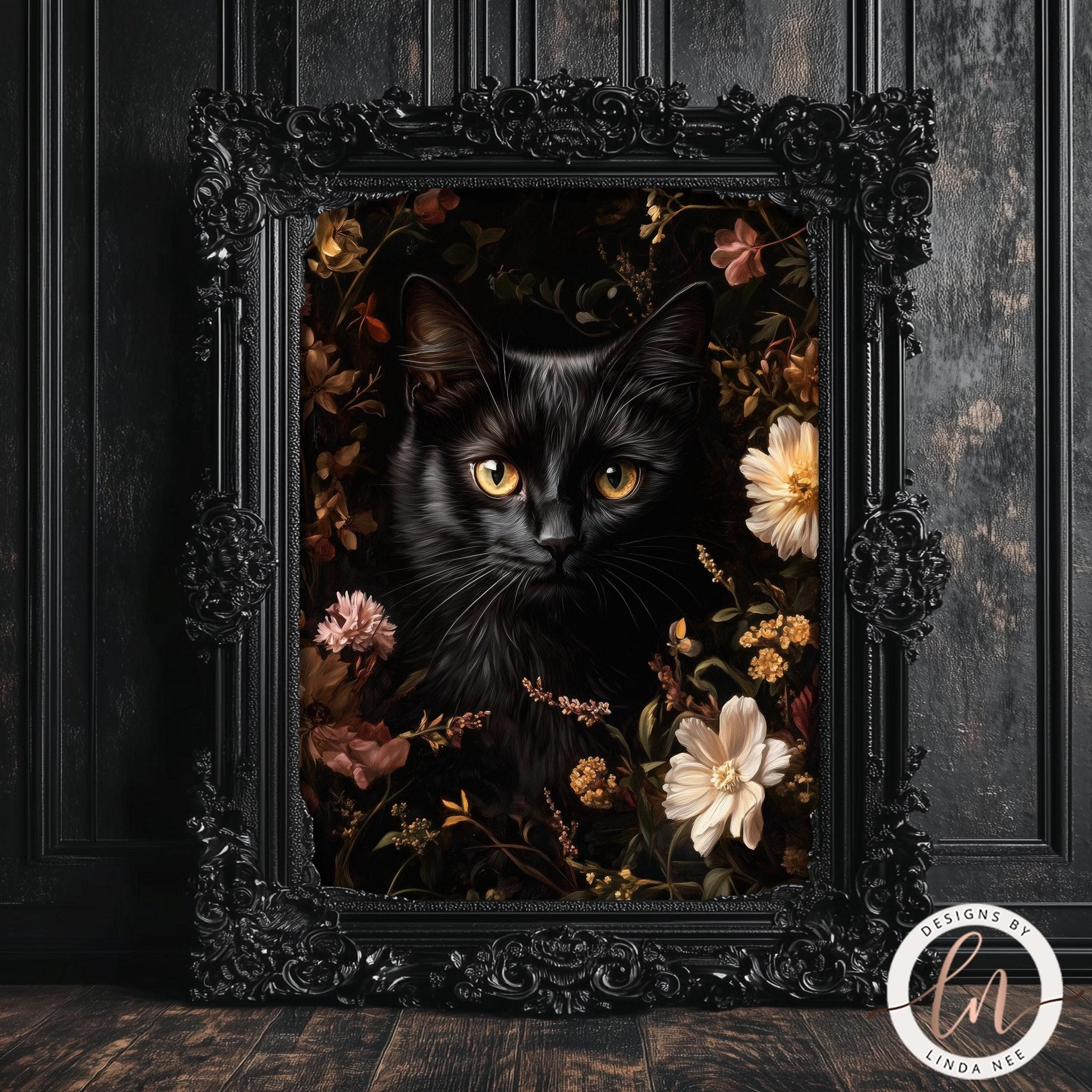 Floral Black Cat Print