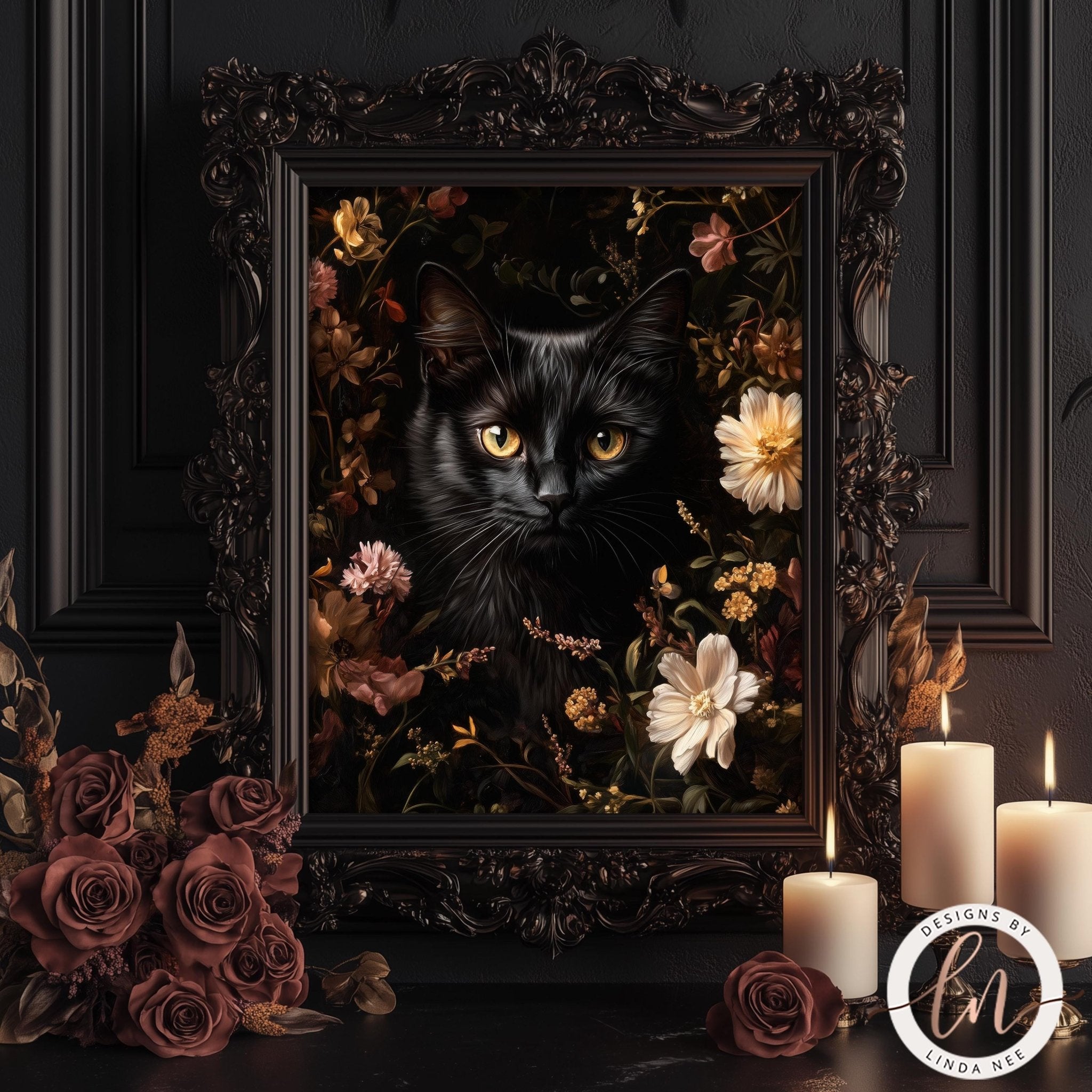 Floral Black Cat Print