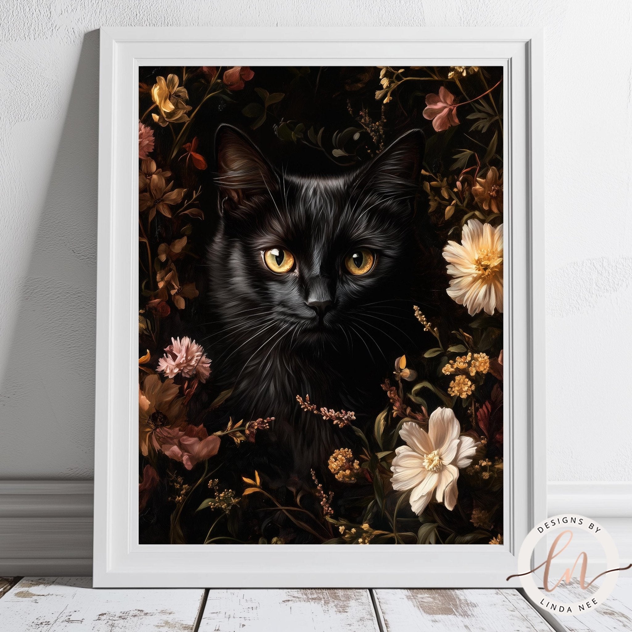 Floral Black Cat Print