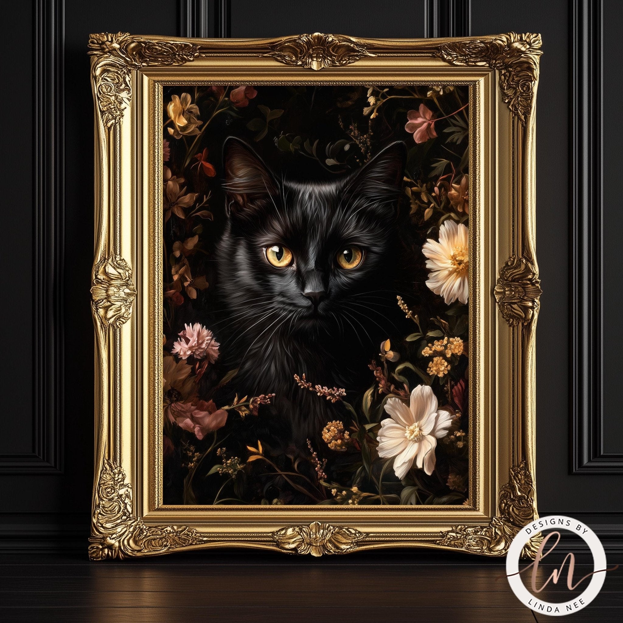 Floral Black Cat Print