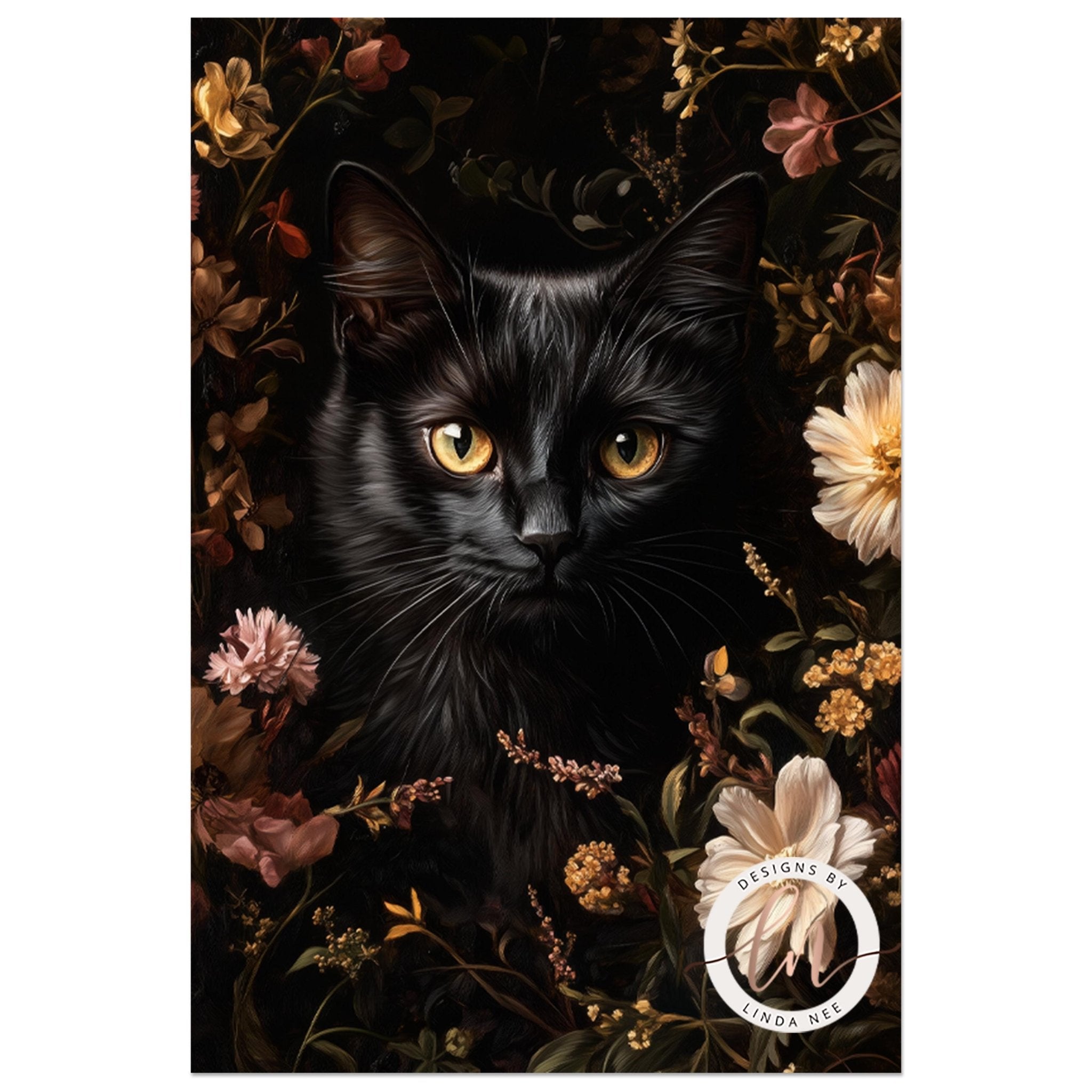 Floral Black Cat Print